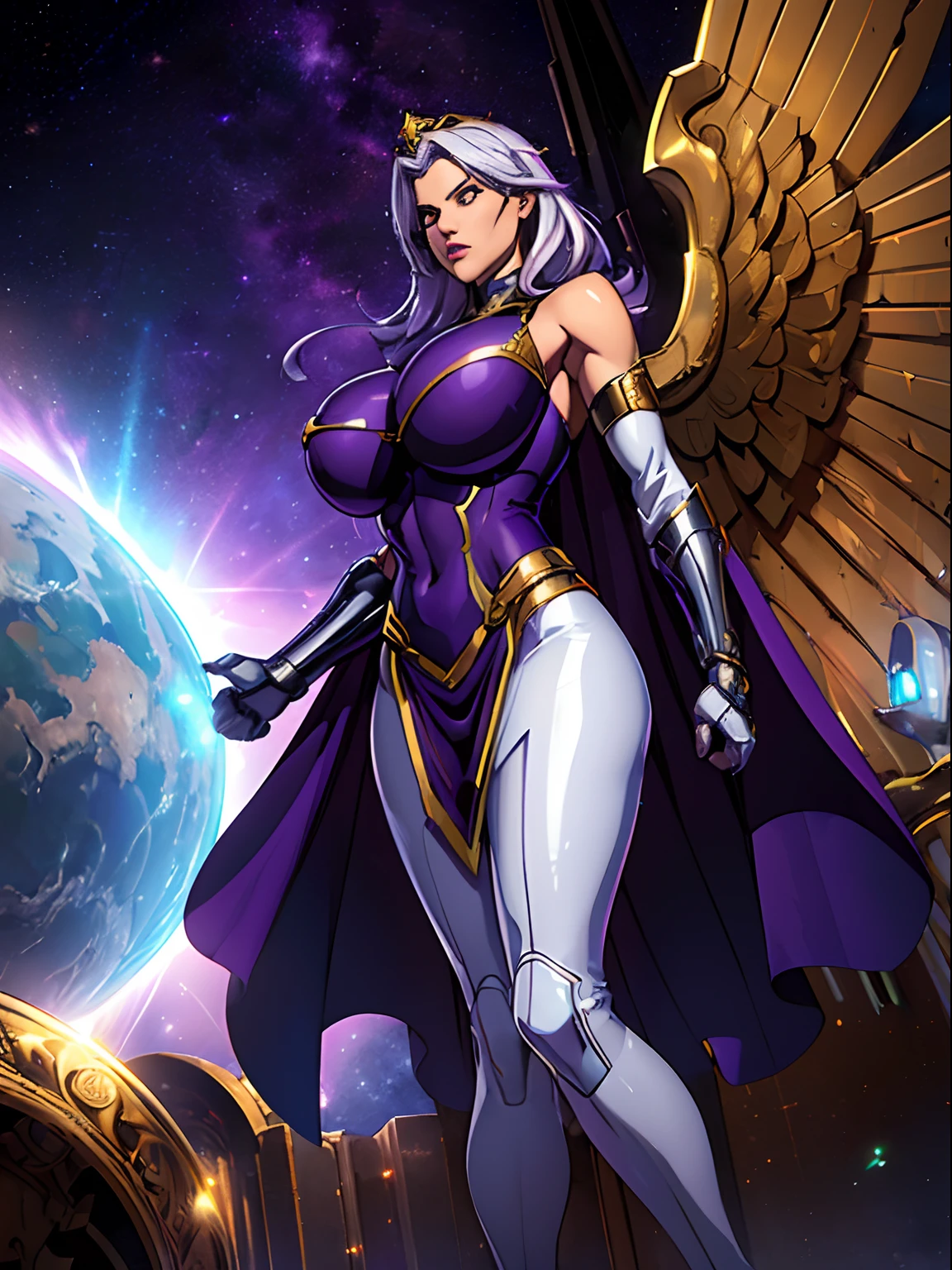 (masterpiece, top quality, best quality, official art, beautiful and aesthetic:1.2), (1girl:1.3), extremely long curly golden hair, extremely detailed, portrait, looking at viewer, solo, (full body:0.6), detailed background, close up, (cool science fiction space theme:1.1), extremely busty valkyrie, charlatan, mysterious, shooting lasers in space, cybernetic angel, huge feathered wings, chrome boob armor, dark purple streamers and skirts and sleeves and knee wrappings, cybernetic implants, mechanical hand, laser cannon, arm cannon, revealing chrome armor, bare midriff, glowing laser energy, crown, halo, intricate armor, ornate chrome armor, sheer white fabric, elegant purple fabric, skirts, streamers, cowl, boots, bracers, ((((gigantic breasts))), slim waist, slim hips, long legs, athletic, SPACE, futuristic moon, (space exterior:1.1) background, dark mysterious lighting, shadows, magical atmosphere, dutch angle