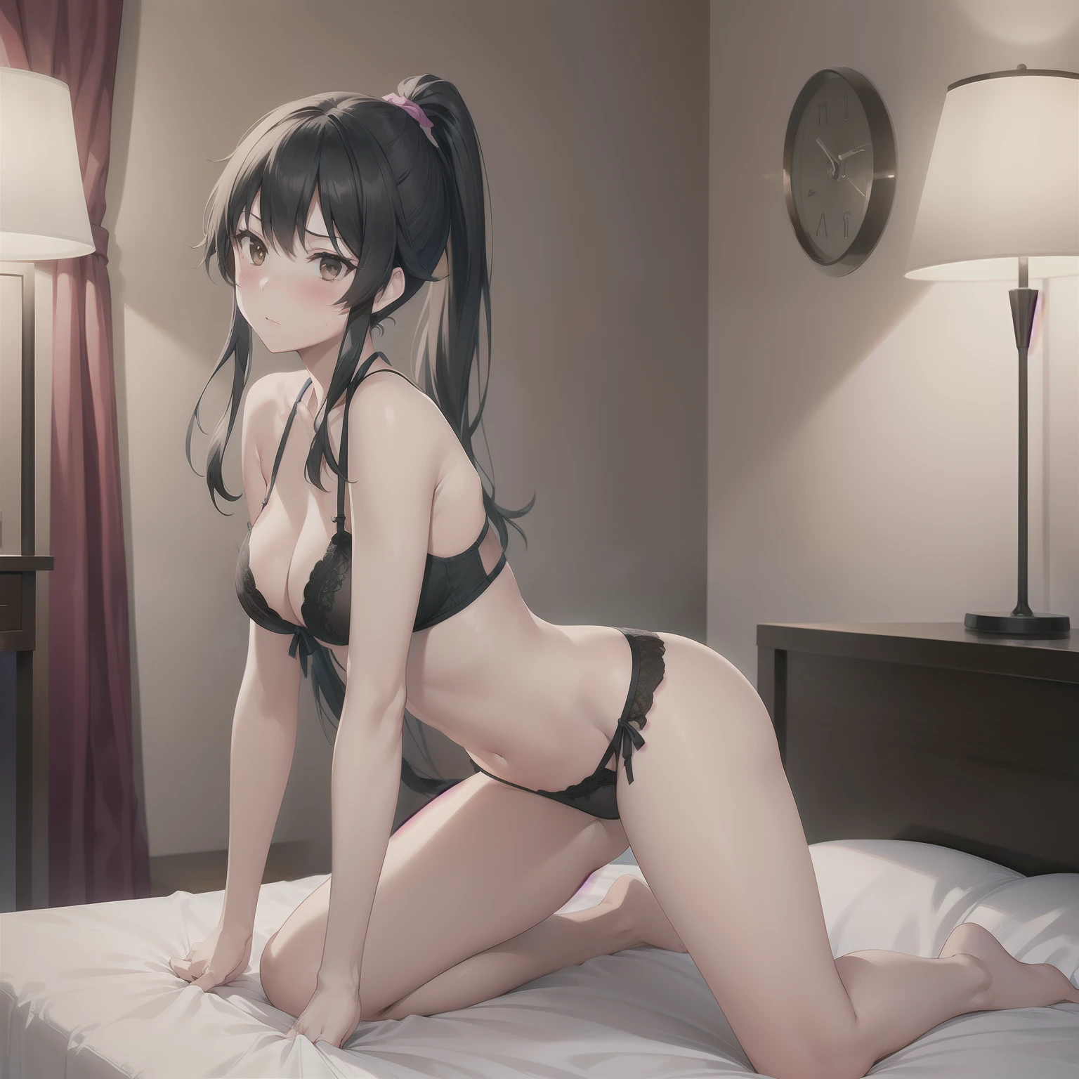 1girl,medium breasts,hotel room,(8k),scratches,detailed face,black hair,brown eyes,long hair,embarassed,shy,blush, high_res, high_definition,sexy pose,black sexy lingerie,full body,ponytail,