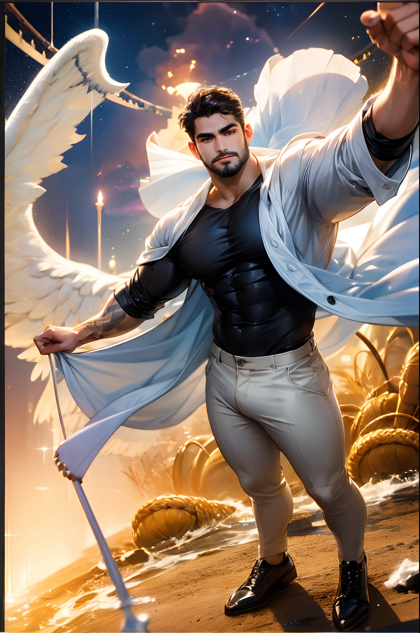 1 man, alone, young handsome man, Latin mulatto skin, attractive features, tan skin tone, dark blue eyes, friendly expression, huge white wings coming out of his back, 2 angel wings, physical fitness, medium man haircut long, black brown hairstyle, small beard, casual clothing, urban outfit, full body tattoos. emotion: serenity, setting: aboard a ship at sea