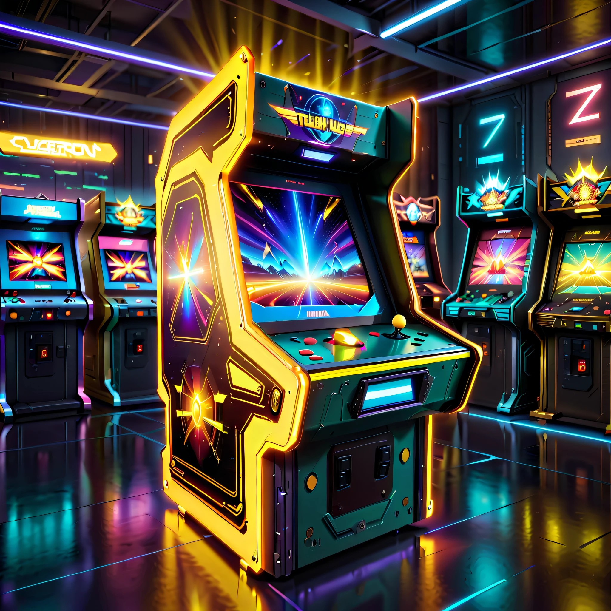 (Best quality, 8K, A high resolution, tmasterpiece:1.2), （Ultra-detailed), (Futuristic arcade game consoles produced by Cybertron Technologies: 1.5)，Metal Slug games，High-end arcade game consoles，Color screens show Metal Slug games，dreamy glow，luminous neon lights，High-tech mechanical parts,Made of titanium alloy metal, Electric yellow and bright orange, Vivid glowing screen, Reflective metal surface, Dynamic and stylish design, motion blur effect, meticulous craftsmanship, Sci-fi atmosphere, Streamlined aerodynamic shape, Laser scanning pattern, holographic projections, Light-emitting circuit lines, hauntingly beautiful, Otherworldly precision, Advanced sensors, Complex algorithms, Ominous and mysterious atmosphere, electric sparks, Shiny chrome plating，Solo，concept-art, Fantasy theme, Global illumination, Reflection, hyper HD，The light is bright，RGB colors，vibrant with colors