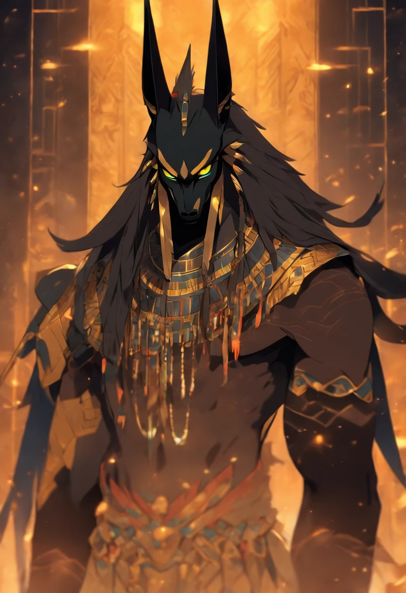 Anubis in the form of a beastman,male people,sprawl,Turn the waistband inside out,genitals are visible,