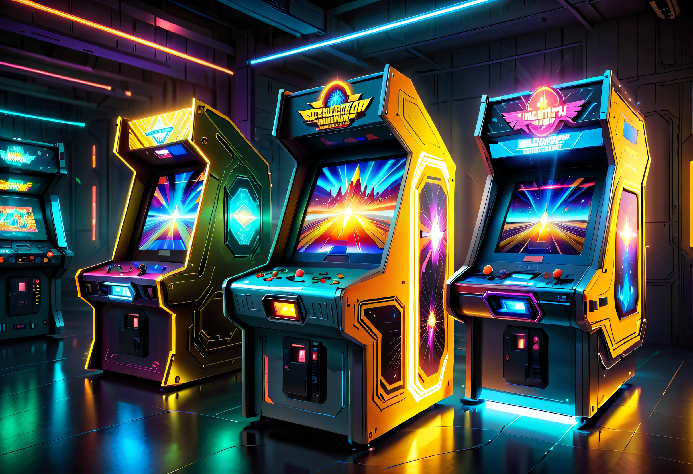 (Best quality, 8K, A high resolution, tmasterpiece:1.2), (Ultra-detailed), (Futuristic arcade game consoles produced by Cybertron Technologies: 1.5),Metal Slug games,High-end arcade game consoles,Color screens show Metal Slug games,dreamy glow,luminous neon lights,High-tech mechanical parts,Made of titanium alloy metal, Electric yellow and bright orange, Vivid glowing screen, Reflective metal surface, Dynamic and stylish design, motion blur effect, meticulous craftsmanship, Sci-fi atmosphere, Streamlined aerodynamic shape, Laser scanning pattern, holographic projections, Light-emitting circuit lines, hauntingly beautiful, Otherworldly precision, Advanced sensors, Complex algorithms, Ominous and mysterious atmosphere, electric sparks, Shiny chrome plating,Solo,concept-art, Fantasy theme, Global illumination, Reflection, hyper HD,The light is bright,RGB colors,vibrant with colors