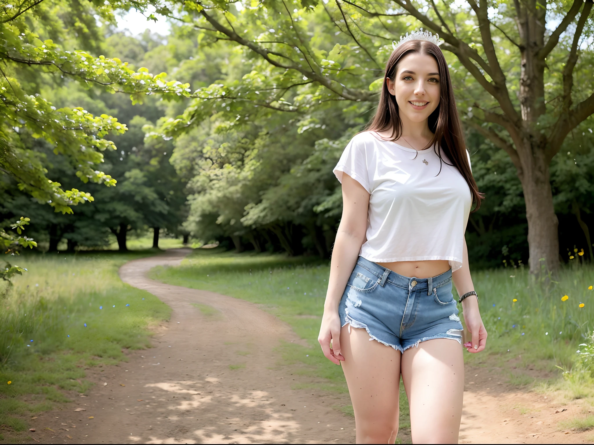 hyper-realistic photo of Angela White, 28 years old (wearing frayed denim shorts and loose white t-shirt) (spring queen outfit, flower tiara) (silky hair, loose hair) (piercing eyes, staring at the viewer) (enigmatic smile) in a lush green open field (Sonoma, CA, USA), Nature, outdoors, Trees, grass, Bushes, sunny spring day, Spring colors, Analog Quality, Best shadow, filmic grain, soft shadows, high contrast, HDR , elevated highlights (full shot, one person, full body)