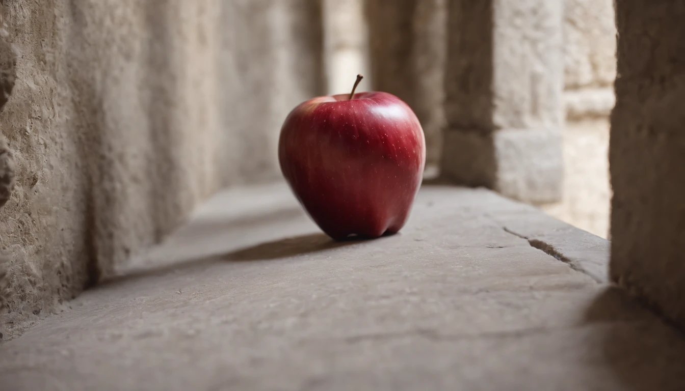 a red apple, left on the floor of a hallway in a medieval castle, day, cinematic scene from film