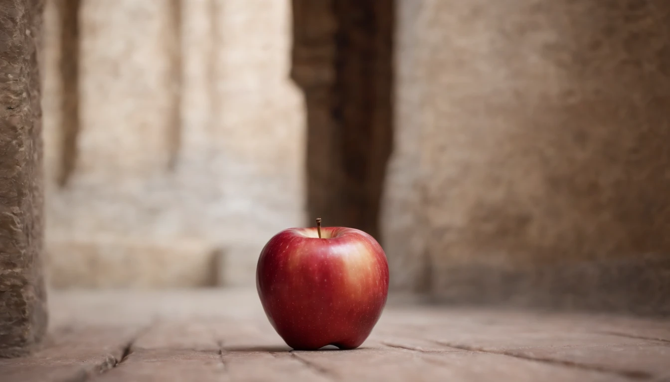a red apple, left on the floor of a hallway in a medieval castle, day, cinematic scene from film