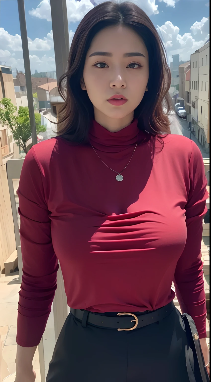 A woman in a red shirt and black skirt stands on the balcony, Thick neck, wearing tight shirt, Tight shirt, wearing tight simple clothes, attractive neck, Kim Tae-joon, tight wrinkled cloath, jin kim, middle body shot, Profile image, wearing a cute top, close up half body shot, jiyun chae, Choi Hyun-hwa