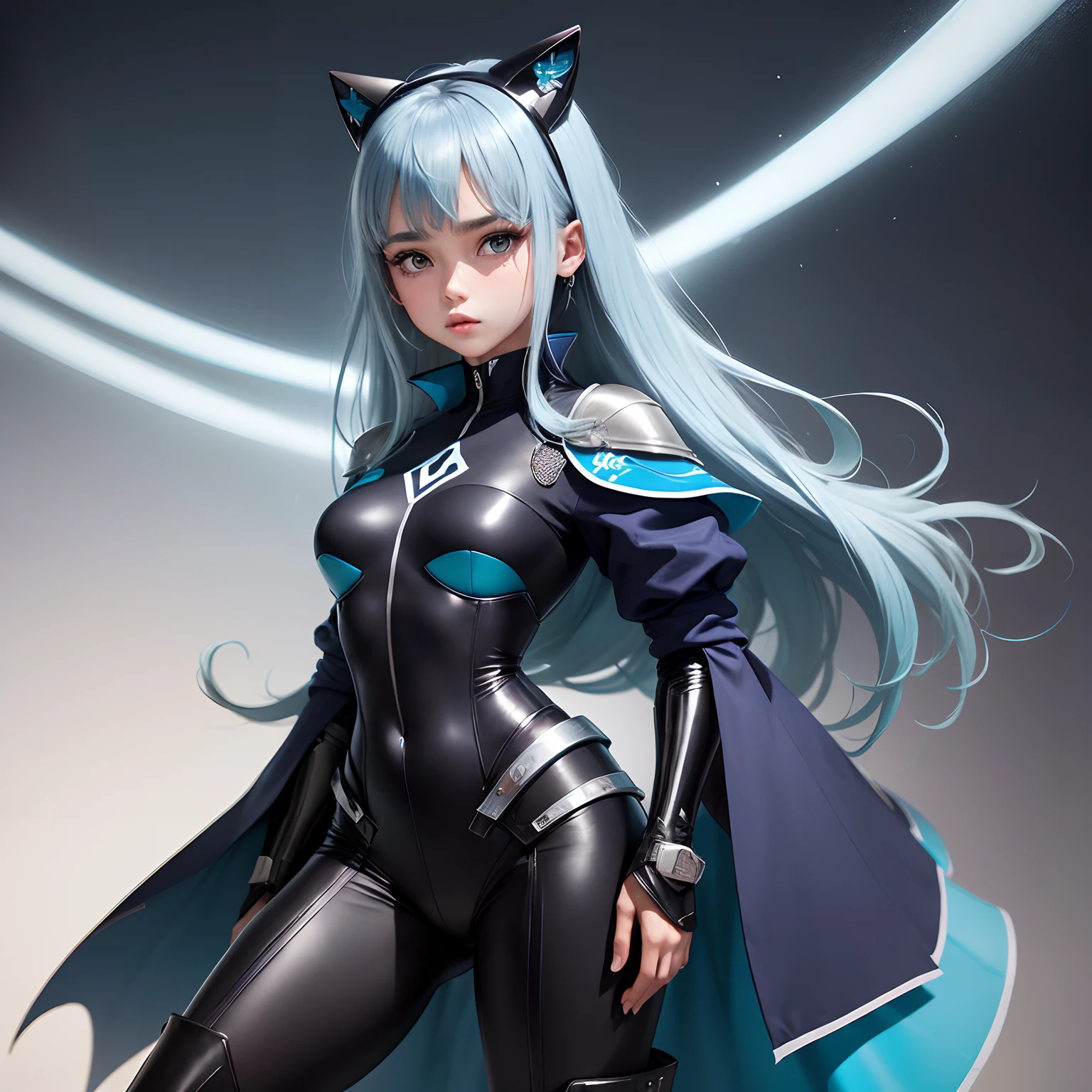(master part, extremely high quality, highest resolution, diferente_imagem, Detalhes detalhados): (sozinho, lone girl, face is Japan person, atalho,  de cabelos azuis, figura de corpo inteiro, (Corpo Perfeito: 1.4), olhos de cor azul brilhante, branco e azul, terno piloto de cor preta, roupas justas, roupas que cobrem todo o corpo, muito delicado e bonito, pele detalhada, corpo magro, exosqueleto, heroine, auricular, Botas)