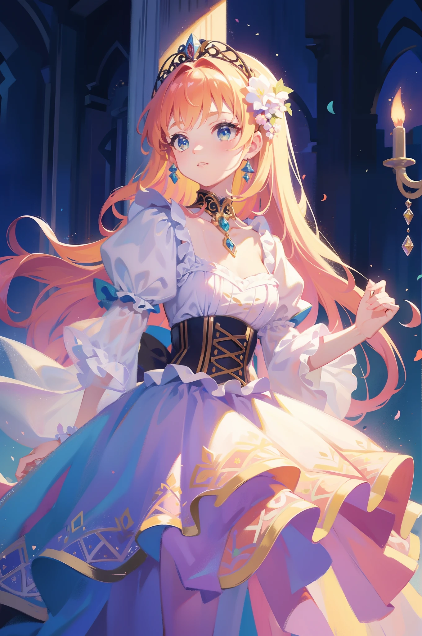 masterpiece, 8k, sharp focus, high resolution, princess, beautiful girl, fantasy princess dress, puffy multi-layered tiered ballgown, corset, collar, sharp focus, intricately detailed dress design, colorful, whimsical, fantasy, magical