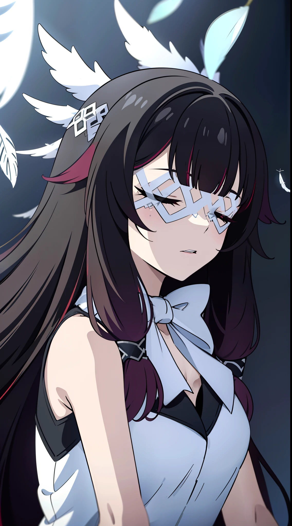 2D, HD, ultra Detailed, masterpiece, best quality, high quality, (solo), masterpiece, best quality, 1girl, long hair, black hair, red hair, solo, closed eyes, eye_mask, head wings, hair ornament, blunt bangs, upper body, small breasts, feathers, dark, falling feathers