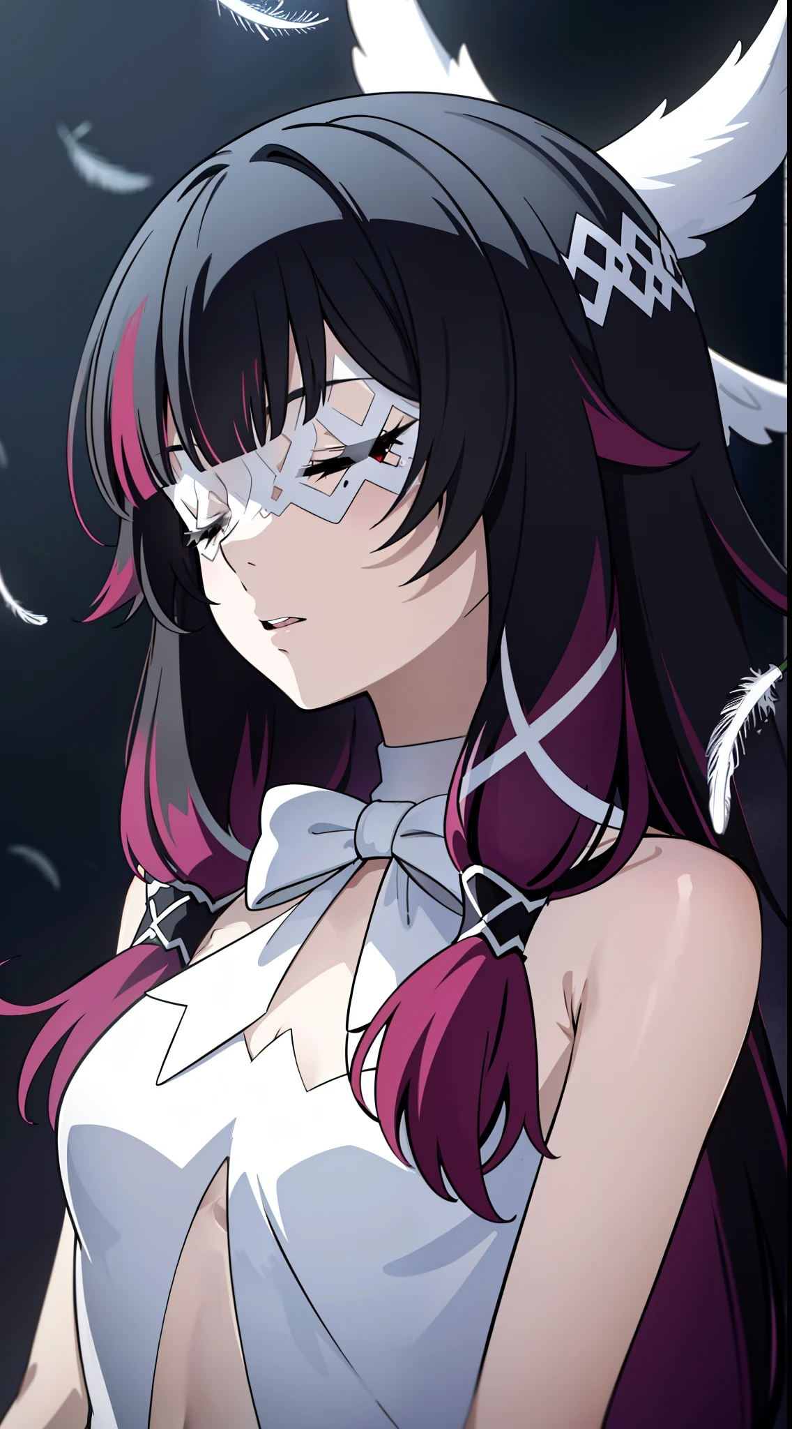 2D, HD, ultra Detailed, masterpiece, best quality, high quality, (solo), masterpiece, best quality, 1girl, long hair, black hair, red hair, solo, closed eyes, eye_mask, head wings, hair ornament, blunt bangs, upper body, small breasts, feathers, dark, falling feathers