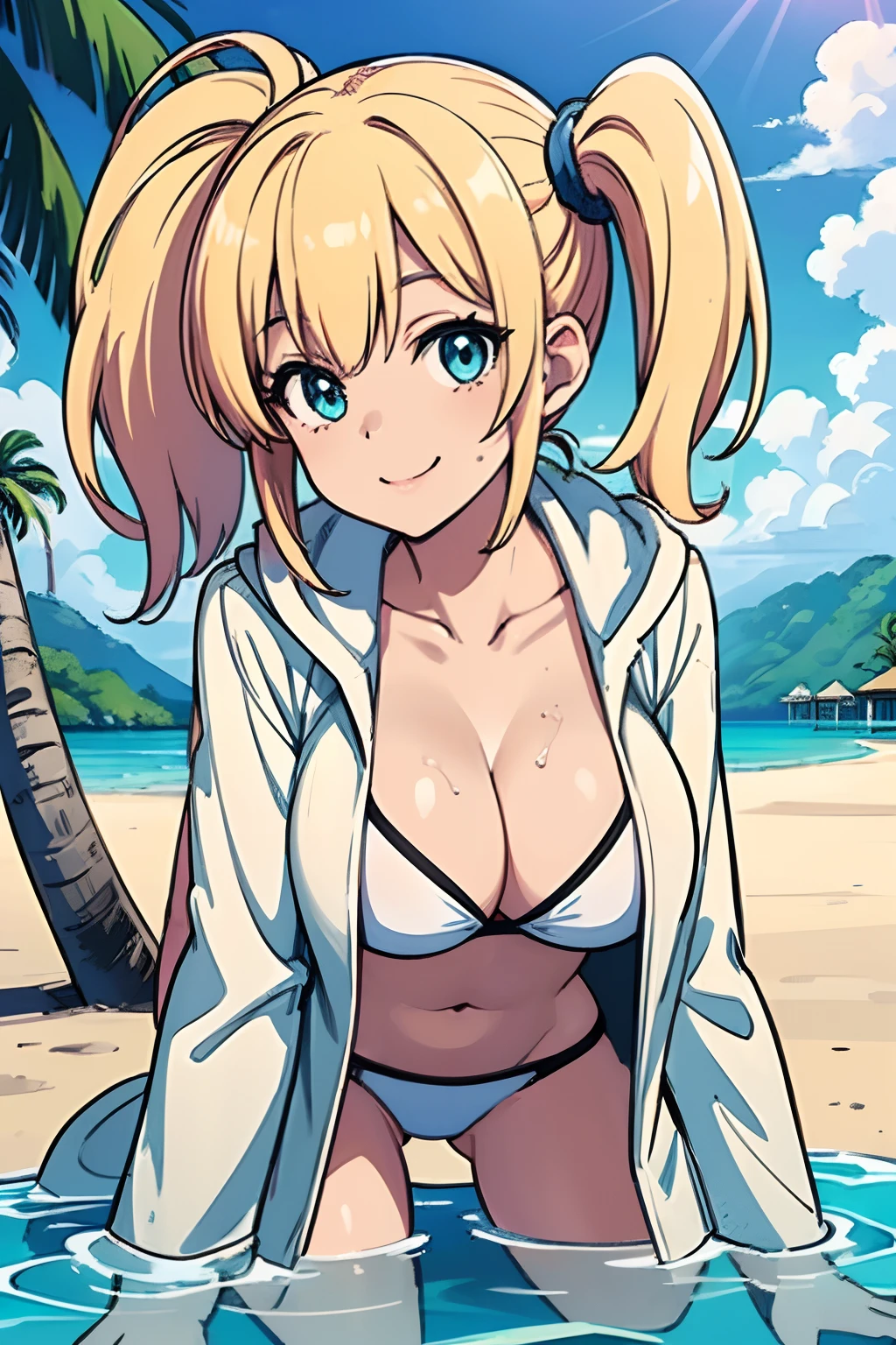 1 girl, Japanese, , White skin, Large breasts:0.5, Watching the view, (Smile:1.5),
Beautiful detailed eyes, (mid hair:1.1, Side ponytail:1.5), blond hairbl, (navel:1.1), Under the chest, Beautifulcollarbone, a baby face,
te water coat:1.5),
(all fours),
(Beautiful scenery), DAY TIME, , (Tropical beaches:1.5),
(8K, HighestQuali, tmasterpiece), Movie lighting,