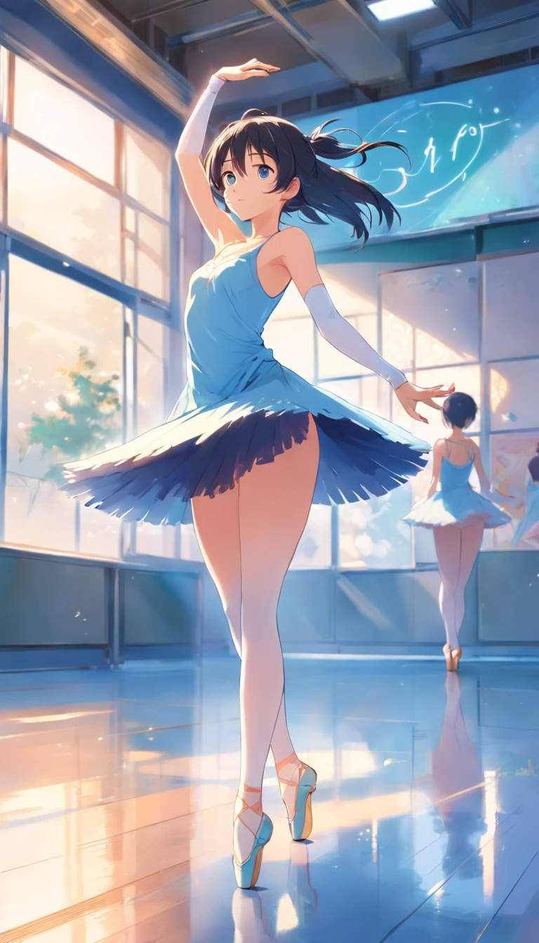 best qualtiy, tmasterpiece, 超A high resolution, realisticlying, 1 girl,Light blue long hair、Black eyes,Eotard in the bright white valley、(Ballet Set)Full-figured,black lence stockings,high-heels,Dance Ballet,Practice room,wide angles、Nisekoi
