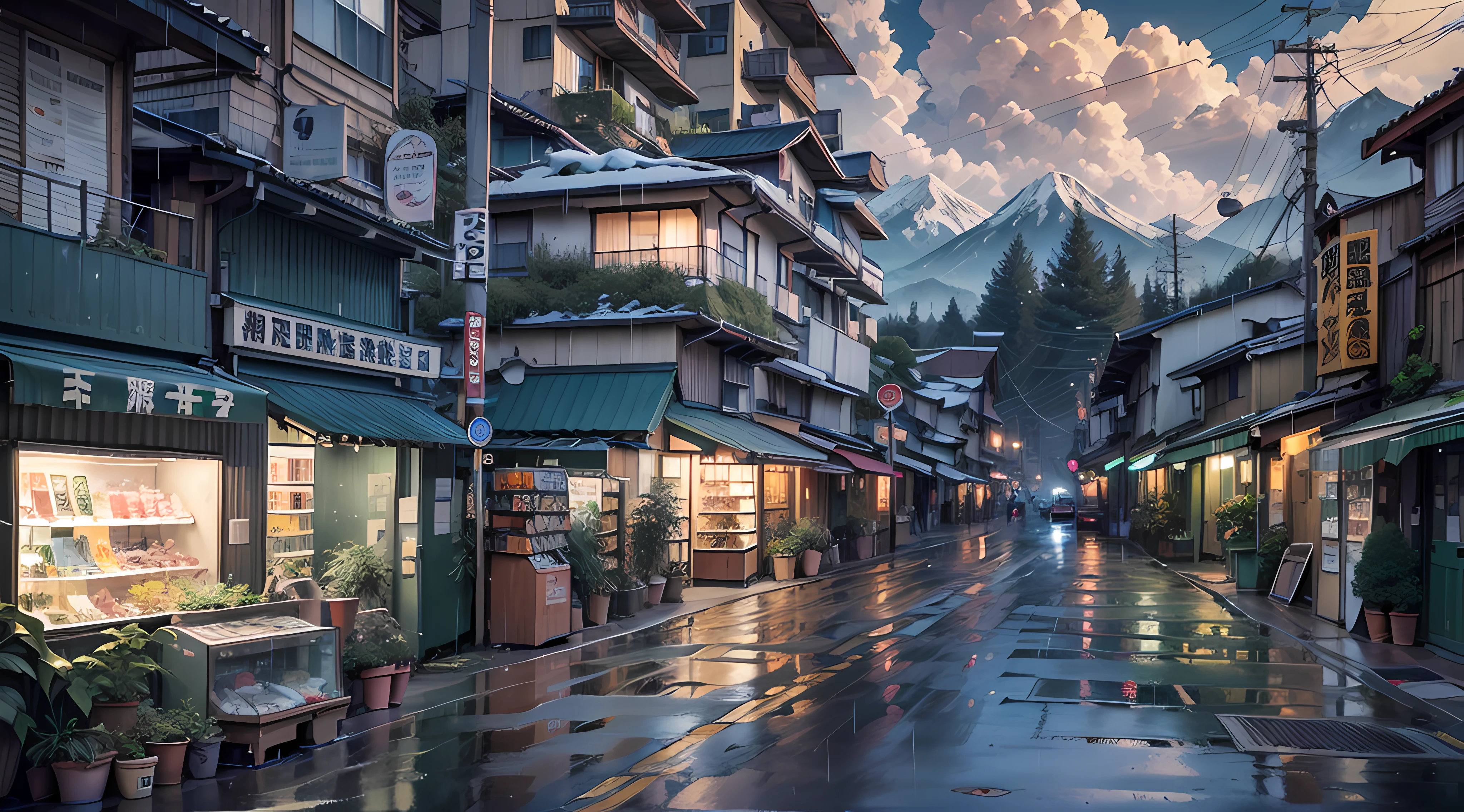 anime background, anime, anime style, lofi, lofi style. empty Modern Japanese street, Japanese shops, modern Japanese apartments. big retro Japanese banners and shop signs. plant pots, air vents, wires, gutters, vending machines, trash cans. rain, raining, heavy rain, gloomy weather, dramatic clouds. best quality. (no one: 1), no one, no one in sight, no people.  wide angle. slightly overgrown. mountains in the background