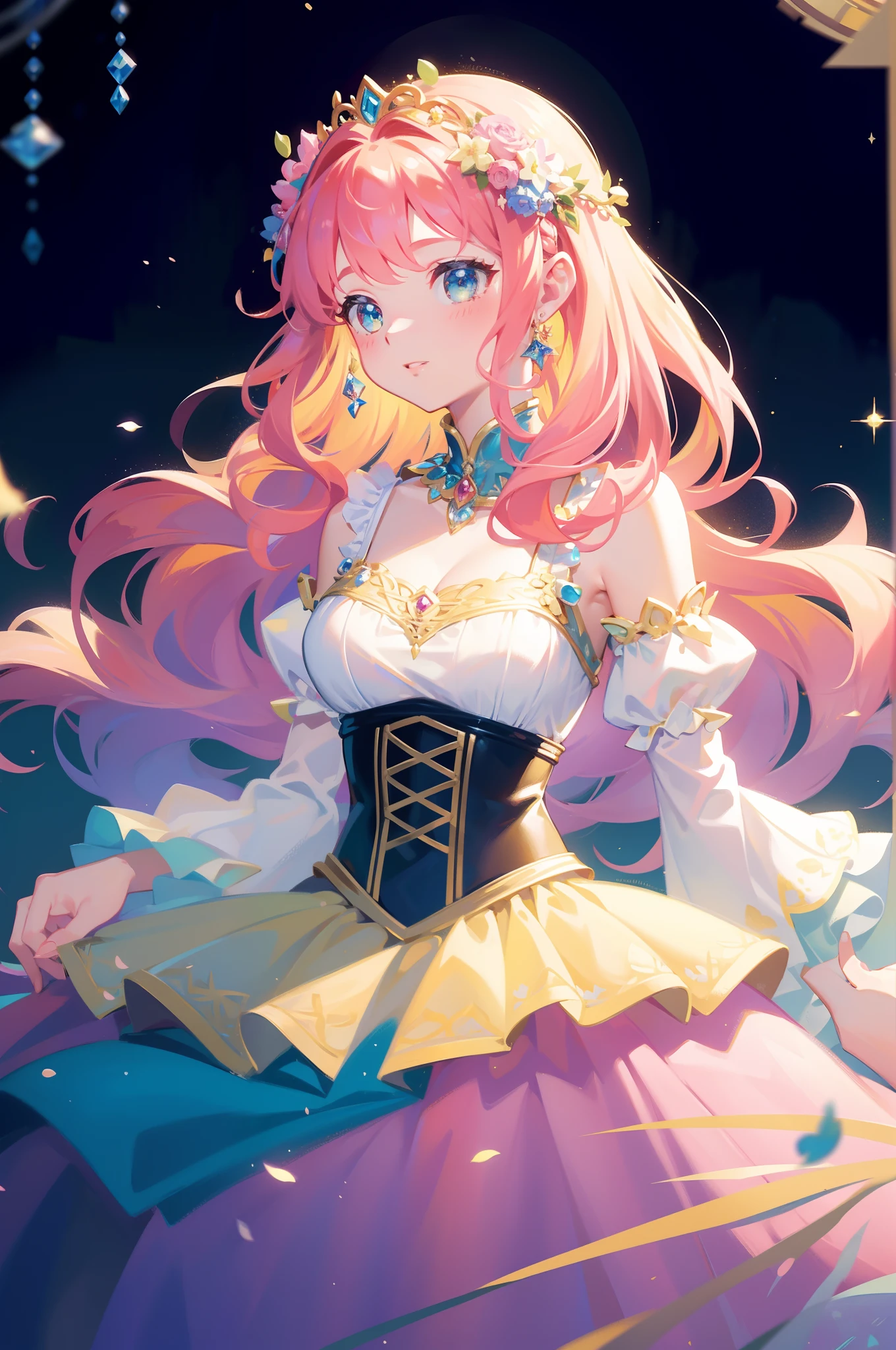 masterpiece, 8k, sharp focus, high resolution, princess, beautiful girl, fantasy princess dress, puffy multi-layered tiered ballgown, corset, collar, sharp focus, intricately detailed dress design, colorful, whimsical, fantasy, magical