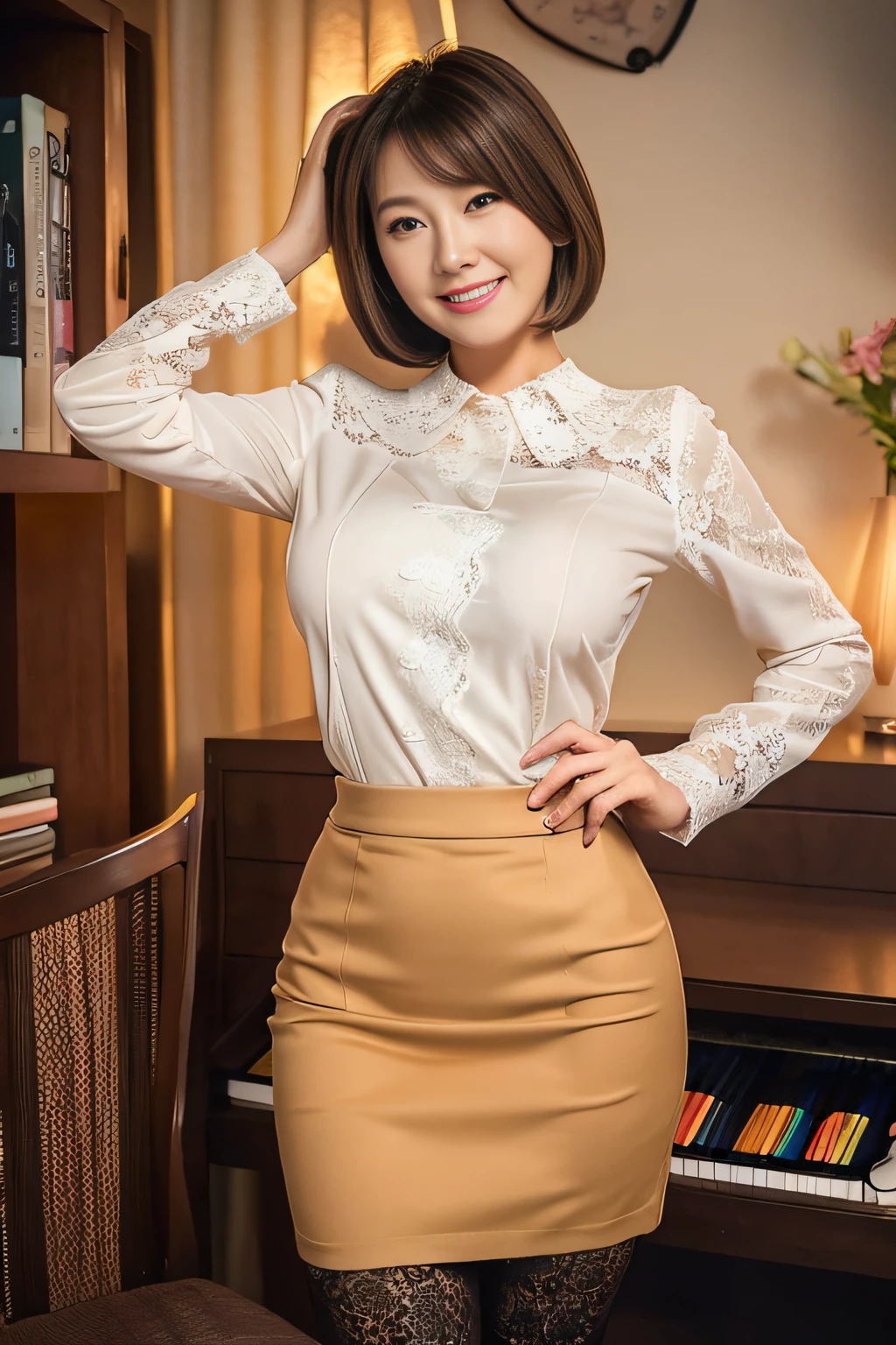 best qualtiy, (A MILF:1.0), Sit on the bed, Put your hands on your head, short-hair, (huge-breasted:1.4), (pencil skirts:1.2), (tight lace blouse:1.2), (Smile:1.0), (pantyhose:1.0)