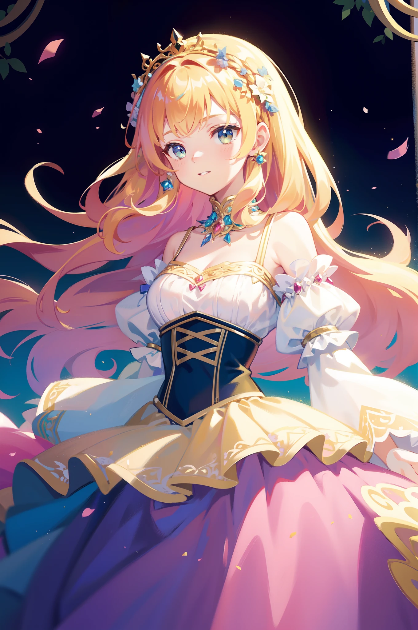 masterpiece, 8k, sharp focus, high resolution, princess, beautiful girl, fantasy princess dress, puffy multi-layered tiered ballgown, corset, collar, sharp focus, intricately detailed dress design, colorful, whimsical, fantasy, magical
