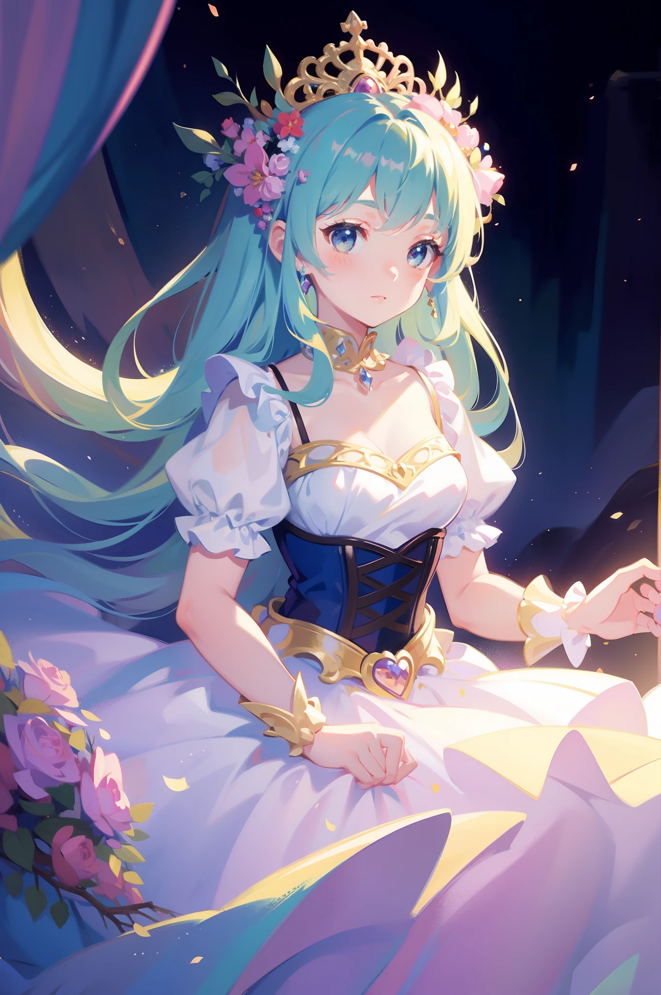 masterpiece, 8k, sharp focus, high resolution, princess, beautiful girl, fantasy princess dress, puffy multi-layered tiered ballgown, corset, collar, sharp focus, intricately detailed dress design, colorful, whimsical, fantasy, magical