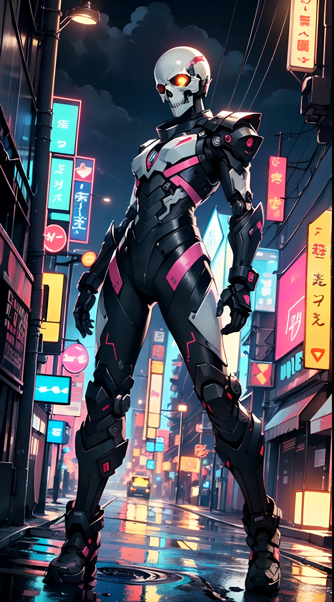 Robot Skull, armored, stealth, Character design, Highly detailed, Intricate details,Mechanical wonder, Cyberpunk, Cybernetic Guardian,male form,skull head,
(dynamic pose:1.0),solo focus,(centered,scale to fit dimensions,Rule of thirds),
cyberpunk city by the ocean at night, with bright neon signs and dark stormy clouds and puddles, scenery:1.25,
highres, sharp focus, (ultra detailed, extremely detailed), (photorealistic artwork:1.37),(extremely detailed CG unity 8k wallpaper),((synthwave background theme)),(((vibrant colors))),(intricate background),(masterpiece),(best quality),