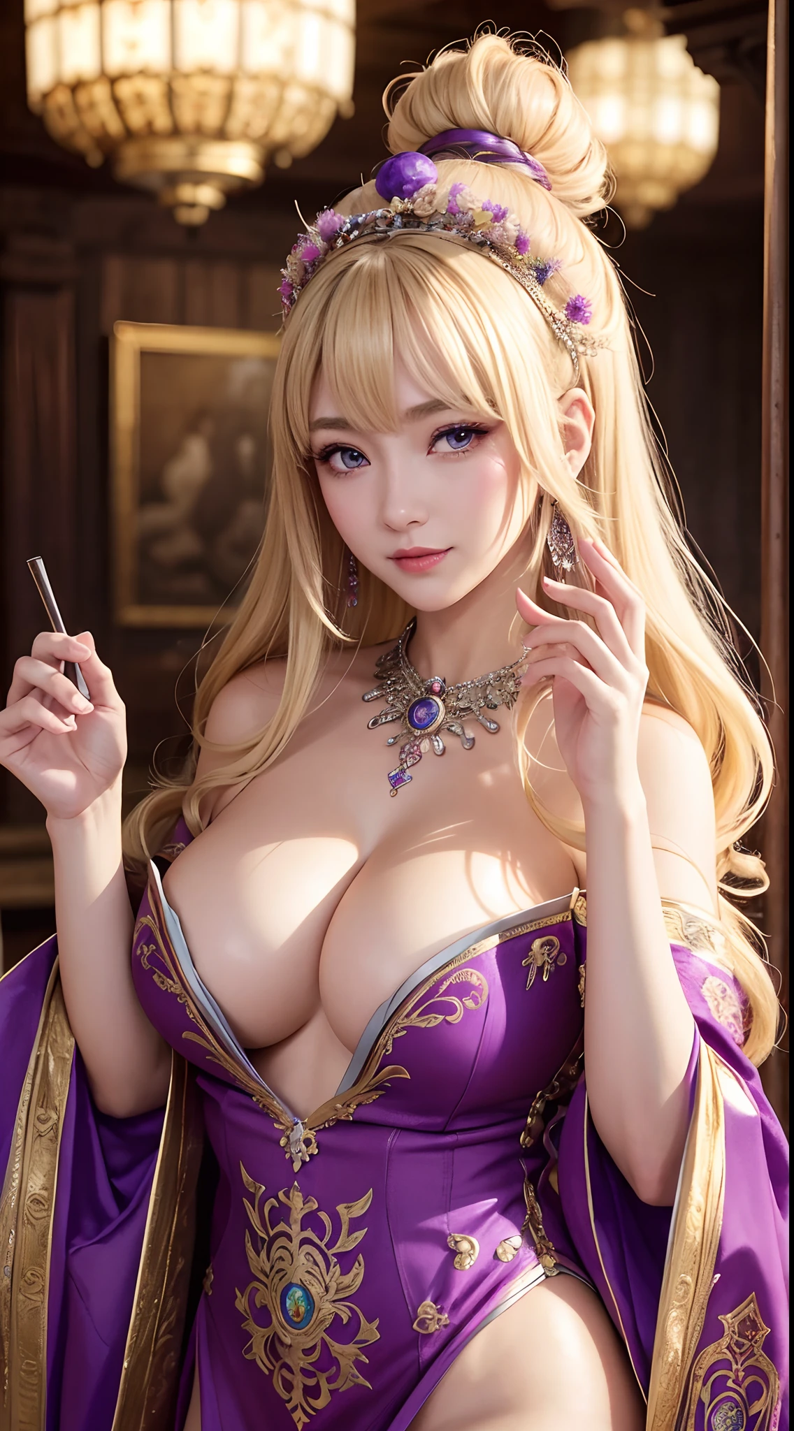 (hyper realstic)、Ancient priestess、Ancient female shamans、
immensity Beautie high-level image quality hight resolution Realistic Shorthair a blond、 blond woman in a、A MILF、Middle-aged woman、((Big big))、detailed skin textures、超A high resolution、Realistic、Voluptuous body shape、A smile、Middle-aged beauty、Beautiful expression 、Detailed purple eyes、blond、long fluffy hair、Kamimei、Very delicate and detailed skin texture、35Female Shaman、{(Ancient ornate and luxurious temples)、(A lot of torches are burning)}、Ancient priestess、Large cleavage、big butts、bright red lips、(Colorful and glamorous clothes and luxurious accessories)、I have an ornate platinum wand、