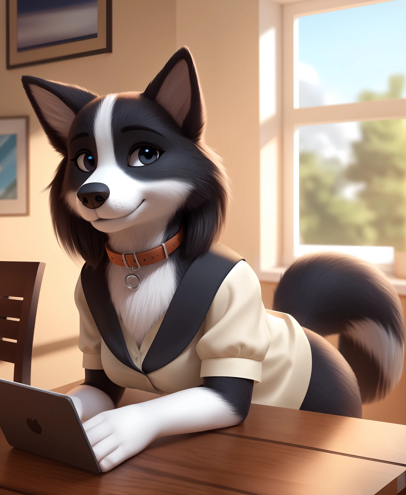 (by qupostuv35:1.0), (by siroc:0.7) female, (Detailed face), [(thin:1.1) : petite : (Border Collie):4], (Detailed face), (more detail, detailed background:1. 1), lush eyelashes, tail, soft smile, puppy, looks at camera with tilted head, shoulder, broad-shouldered blouse, portrait, black puppy eyes, collar ID, no humans, photo \(medium\), black and white fur, (all four), front paws on coffee table, window in background and a wooden table,  furaffinity trend, furry artwork, a 3D render, furry art