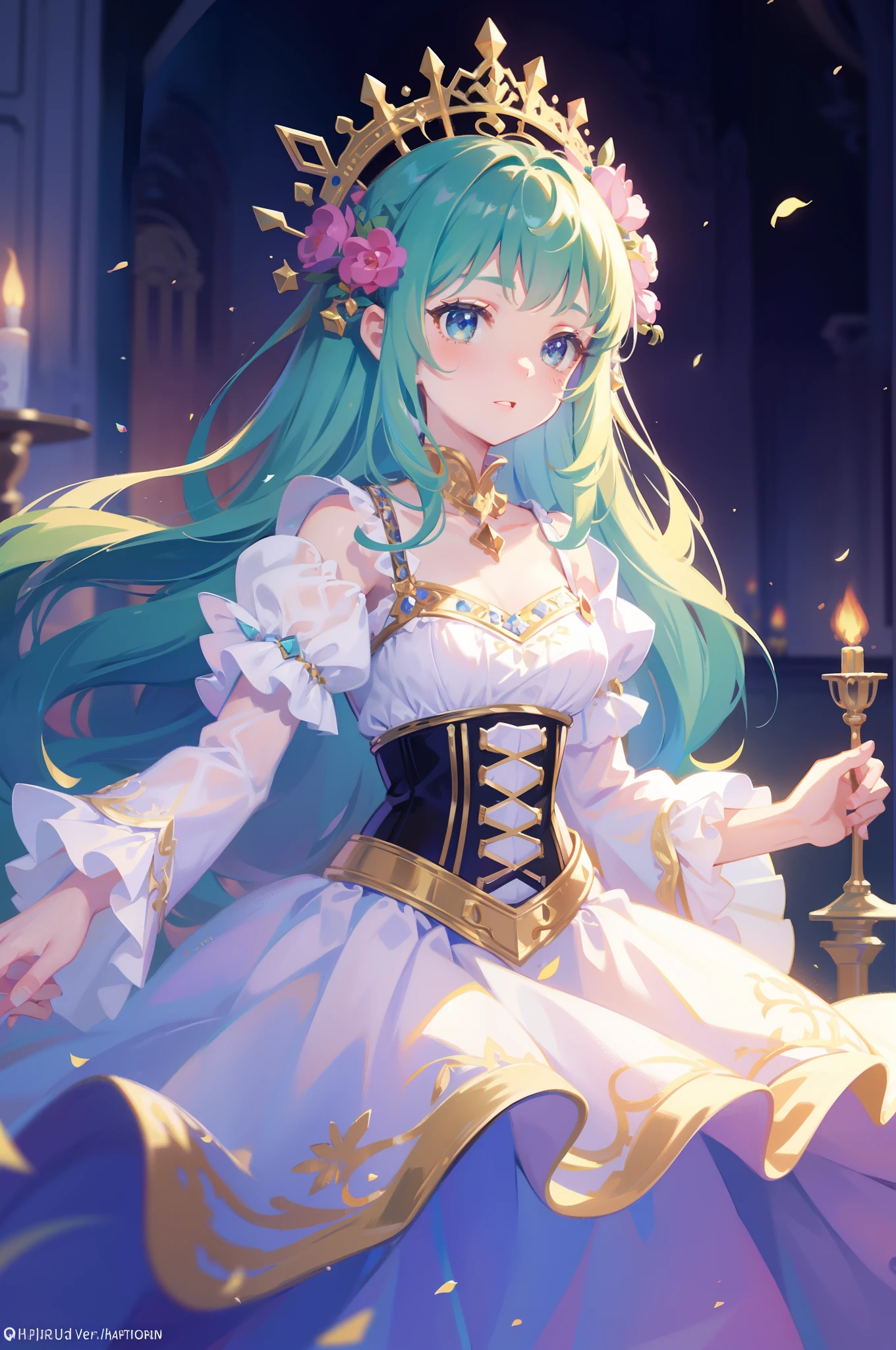 masterpiece, 8k, sharp focus, high resolution, princess, beautiful girl, fantasy princess dress, puffy multi-layered tiered ballgown, corset, collar, sharp focus, intricately detailed dress design, colorful, whimsical, fantasy, magical