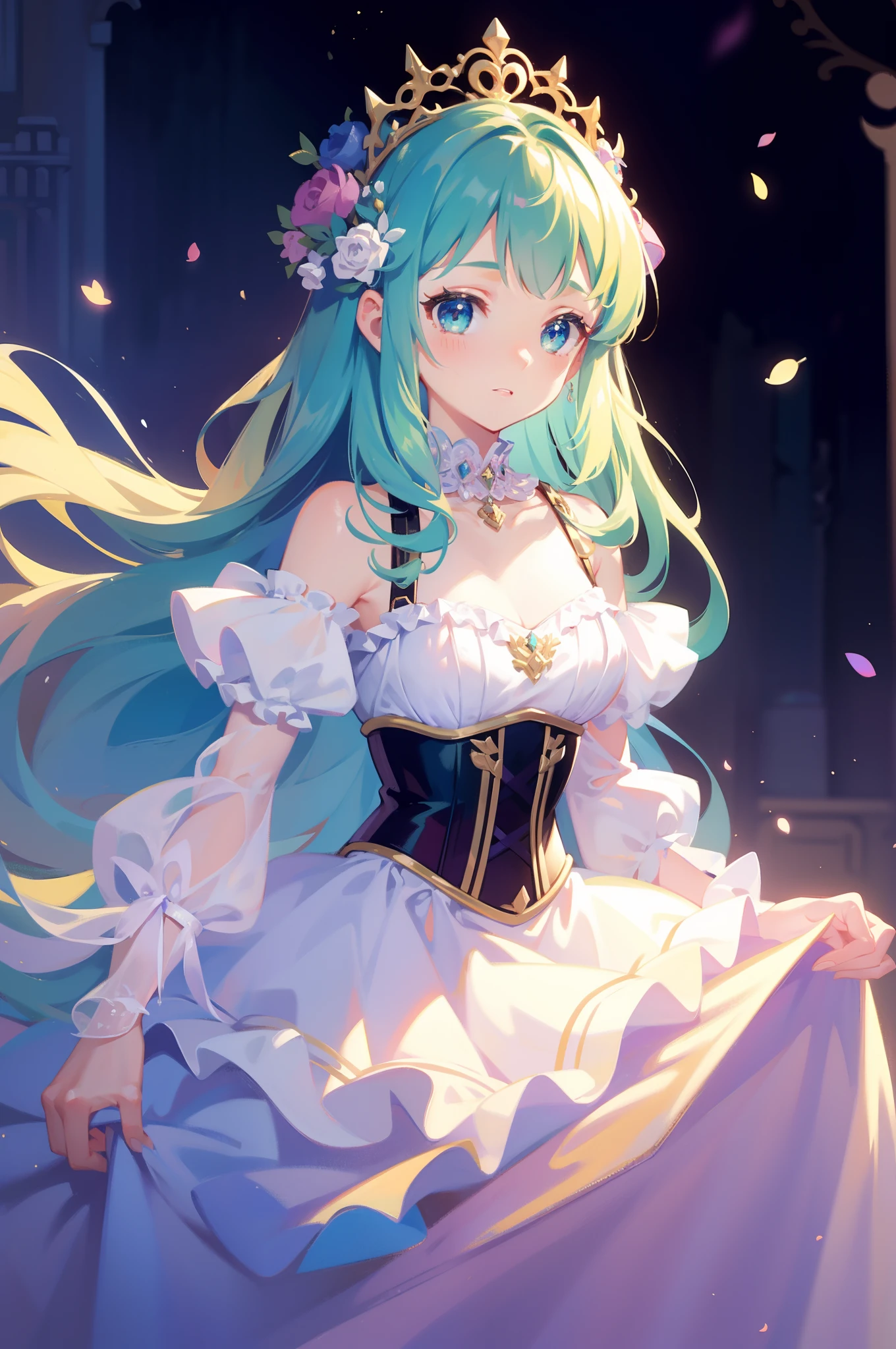 masterpiece, 8k, sharp focus, high resolution, princess, beautiful girl, fantasy princess dress, puffy multi-layered tiered ballgown, corset, collar, sharp focus, intricately detailed dress design, colorful, whimsical, fantasy, magical