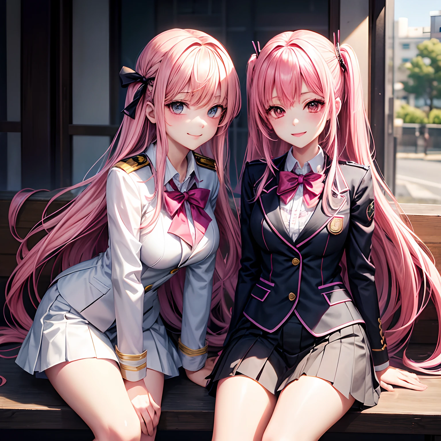 kisara，Beautiful girl with pink hair，She is the devil.、It's Yandere，A smile，​masterpiece，超A high resolution，Ribbon on uniform，Cute Blazer，Beautiful Beautiful Girl，