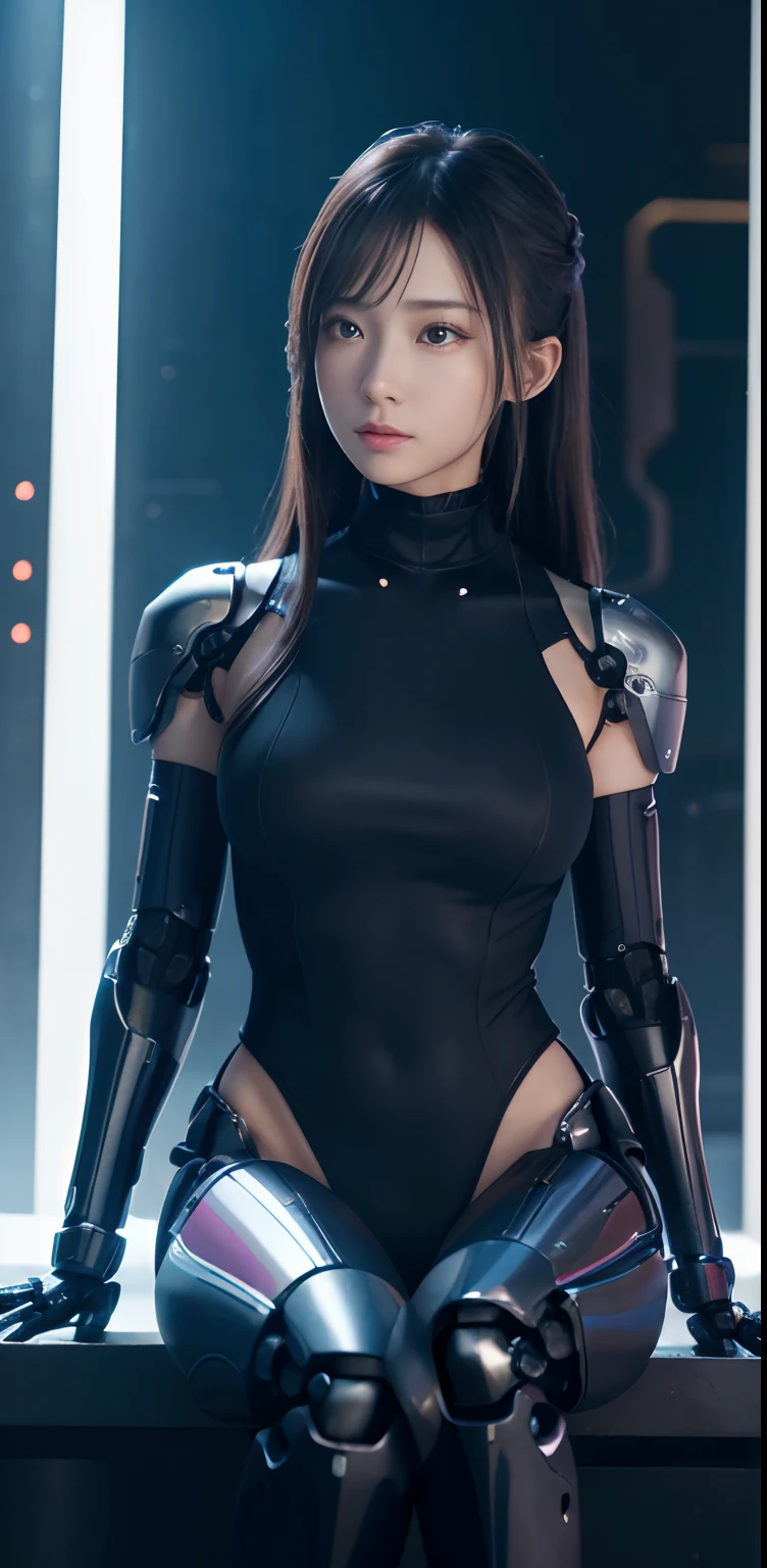 ​masterpiece、((Dark blue sweater))、 ((plugsuit)), ((a beauty girl:1.2))、I don't have both arms.、Some mechs、Mechanized body、Mechanized chest and abdomen、Mechanized occipital、Mechanized legs、Black metallic suit tight to the body、is standing、Tied up、Metal Robot、((Cyberpunk background))、(Neon light)、(Background of the machine shop of the future)、Cyberdyne、Artificial bodies、All-metal body、Ironwork、Abdominal mechanism、((Robotic Arms and Hands))、((Robot legs))、((Cervical part of the machine))、Inside the spaceship、a beauty girl、sixteen years old、Asian Beauty, (Abdomen exposes actuators and cables)、From the neck down is the body of a metal robot、Complex 3d rendering beautiful porcelain profile super detailed female android face、cyborgs、roboticparts、150mm、beautiful studio soft light、Rim Lights、vibrant detail、luxuriouscyberpunk、Ren Hao、surrealistic、Anatomical、face muscles、cable electric wires、microchips、elegent、beatiful backgrounds、octan render、HR Giger Style、8K、top-quality、​masterpiece、illustratio、extremely delicate and beautiful、 extremely details CG、Unity、wall-paper、(realisitic、Photorealsitic:1.37)、astonishing、detaile、​masterpiece、best qualtiy、Official art、Highly detailed CG Unity 8k wallpaper、absurderes、incredibly absurdness、、机器人、Silver Halmet、full body Esbian、sitting on