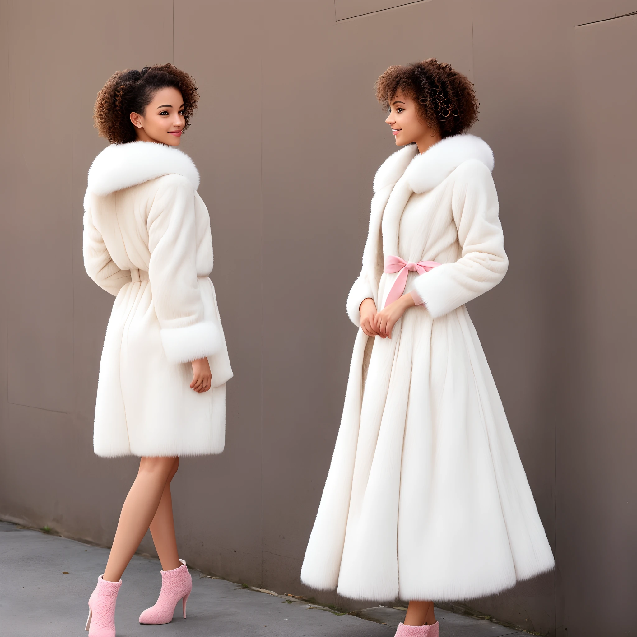 Girl, light skin, brown eyes, curly light brown hair medium length and styled out, wearing white fur coat, and pink dress and matchi...