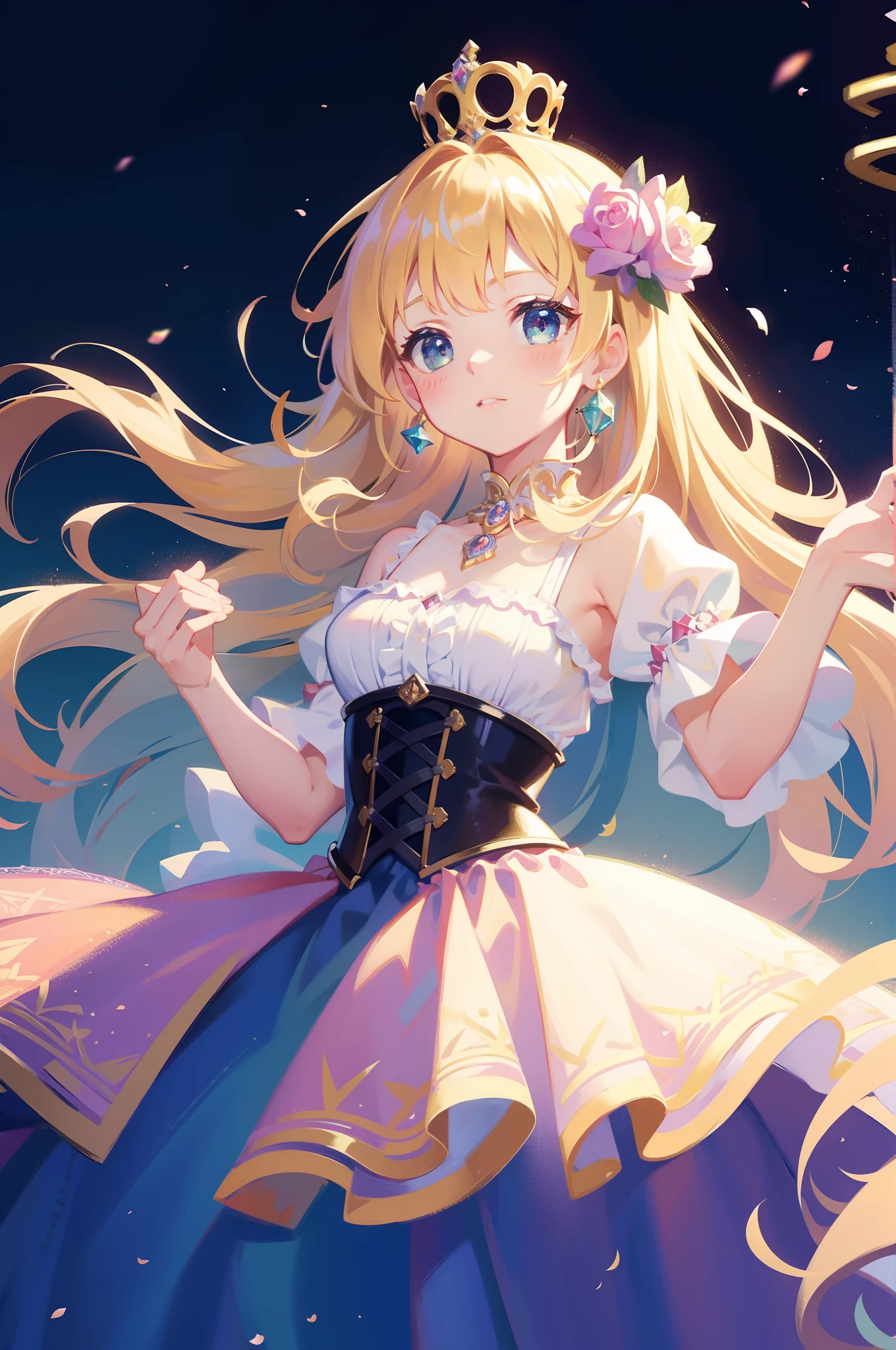 masterpiece, 8k, sharp focus, high resolution, princess, beautiful girl, fantasy princess dress, puffy multi-layered tiered ballgown, corset, collar, sharp focus, intricately detailed dress design, colorful, whimsical, fantasy, magical