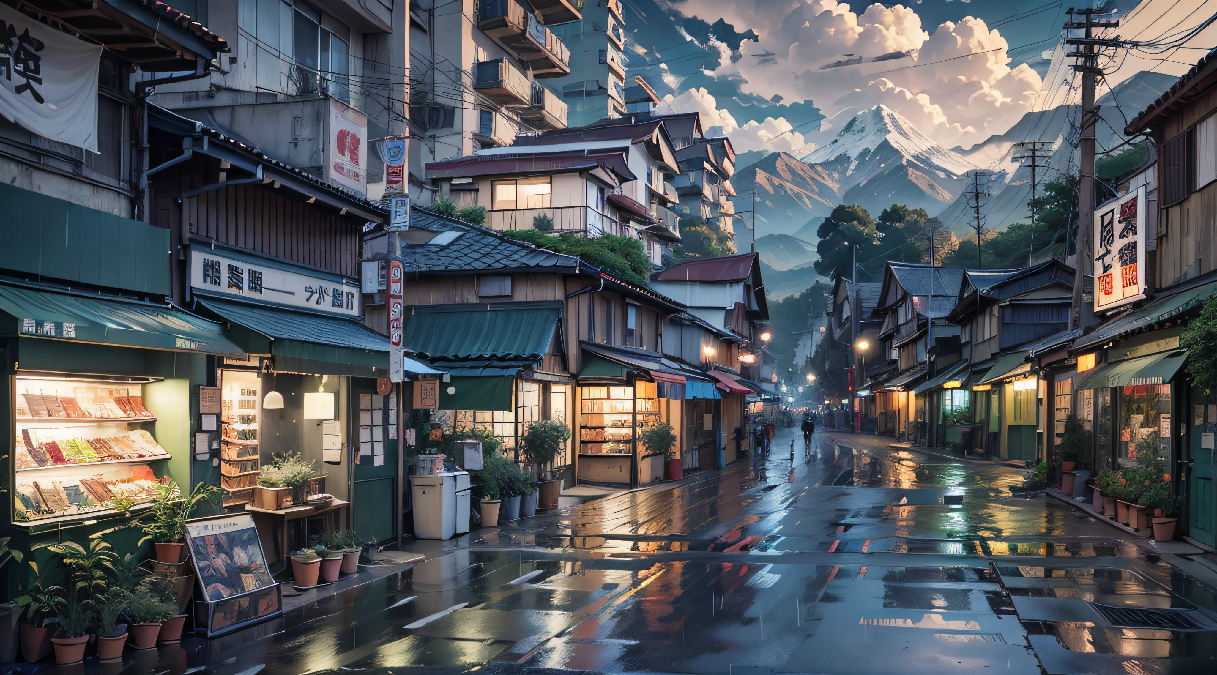 anime background, anime, anime style, lofi, lofi style. empty Modern Japanese street, Japanese shops, modern Japanese apartments. big retro Japanese banners and shop signs. plant pots, air vents, wires, gutters, vending machines, trash cans. rain, raining, heavy rain, gloomy weather, dramatic clouds. best quality. (no one: 1), no one, no one in sight, no people.  wide angle. slightly overgrown. mountains in the background