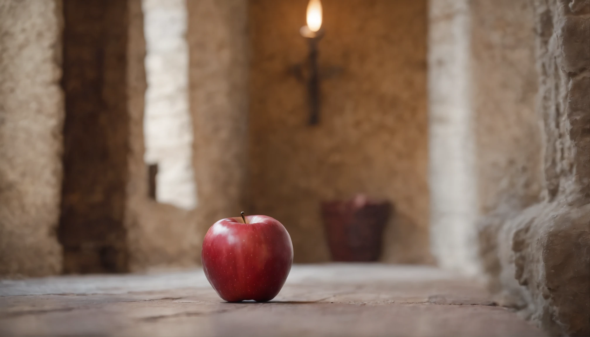 a red apple, left on the floor of a hallway in a medieval castle, day, cinematic scene from film