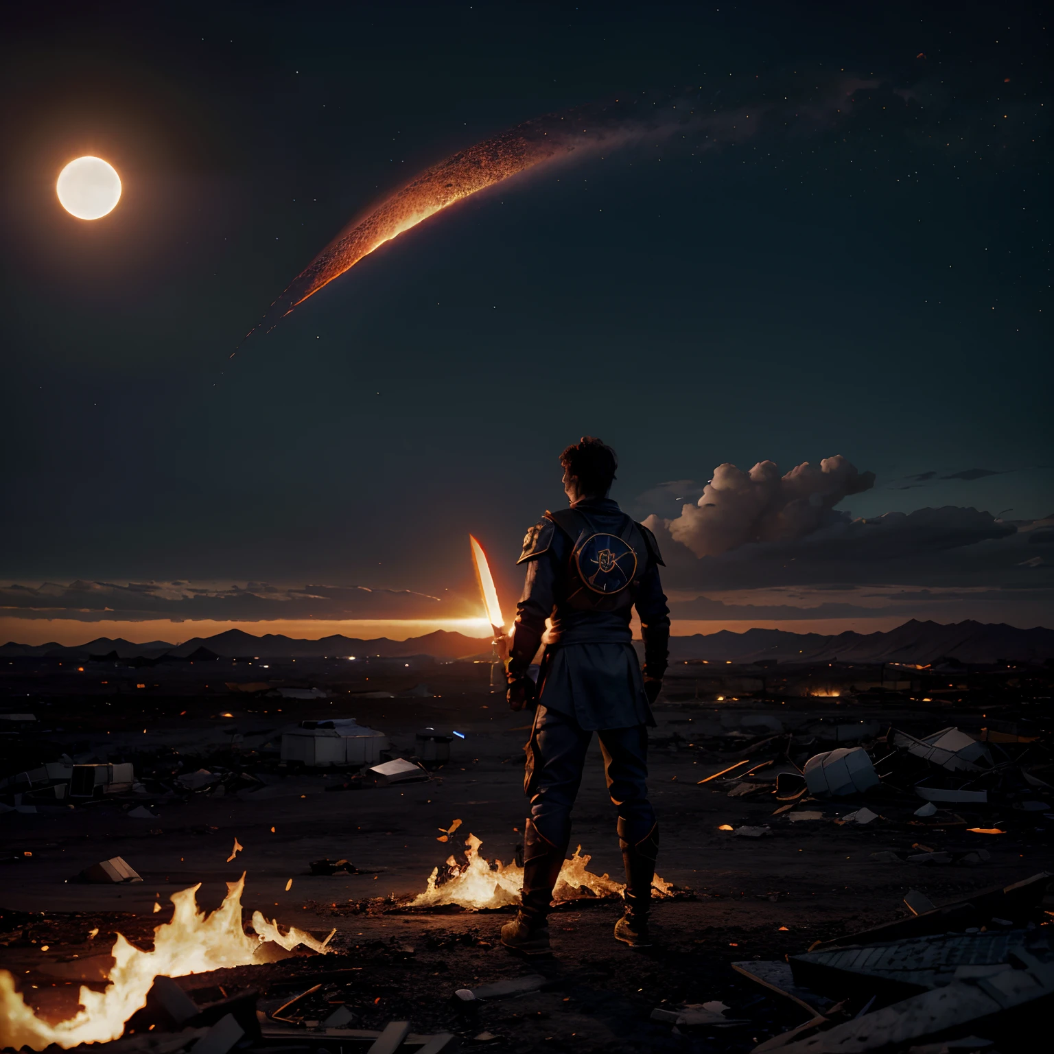 Anjo homen com asas sombria, Sword of fire in a destroyed landscape, de Fogo, Looking at the sky Anime Effect, estilo ultra realista, Efeito Pixar esperando um eclipse