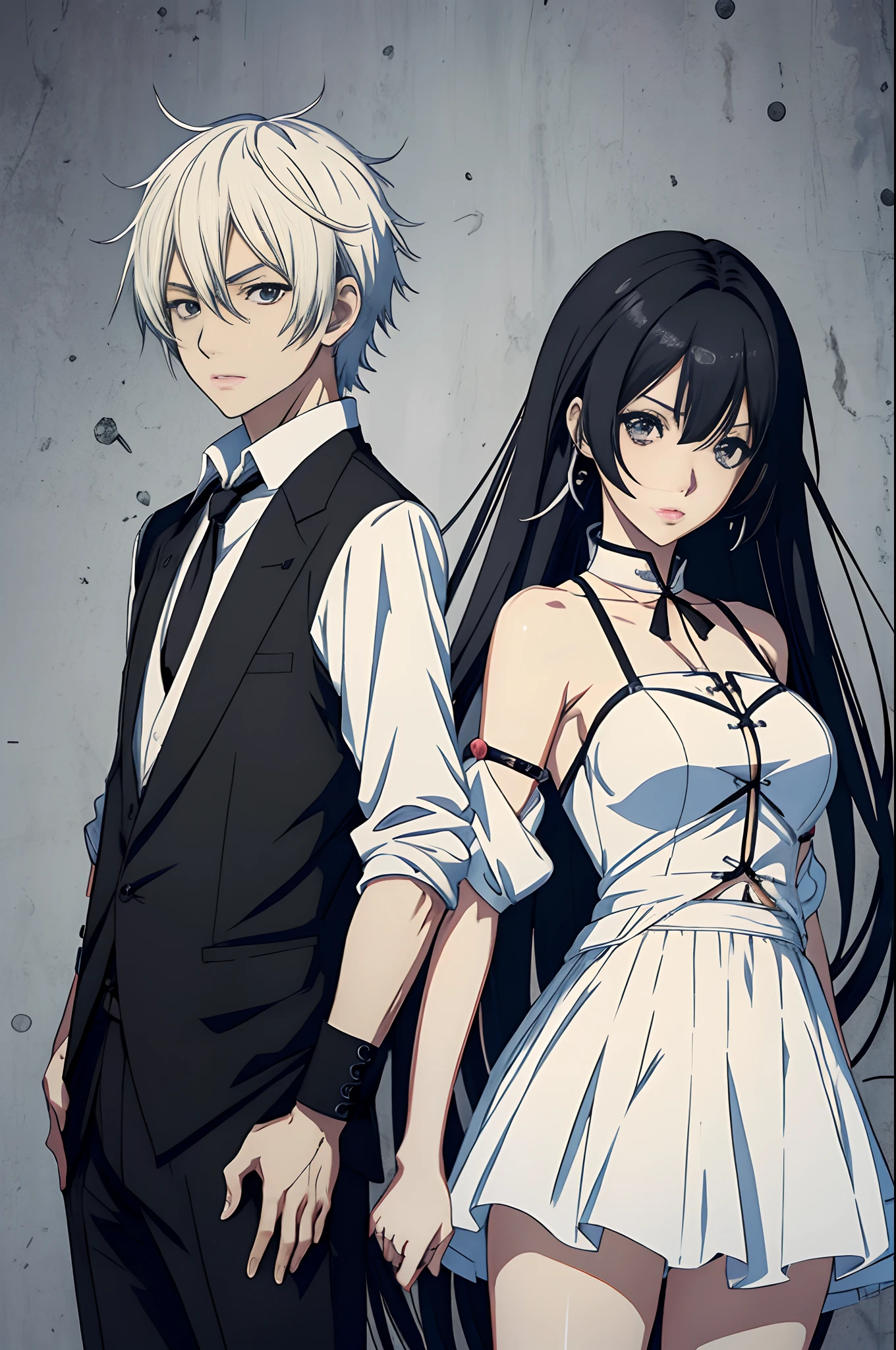 pareja de anime con cabello blanco y ropa negra posando para una foto, Sasura, :14 Estilo anime de los 80, Arte Zerochan, Hana Yata, Hidari y Vlop, Hajime Yatate, en estilo anime, Anime sombreado vectorial, Blanco y negro, Sakimichan y Frank Franzzeta, Estilo anime 4K, Estilo visual anime