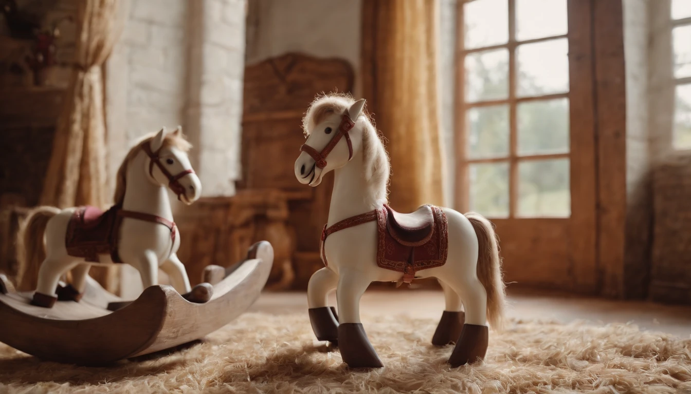 eastern european medieval childrens play nursery with wooden rocking horse, day, cinematic scene from film