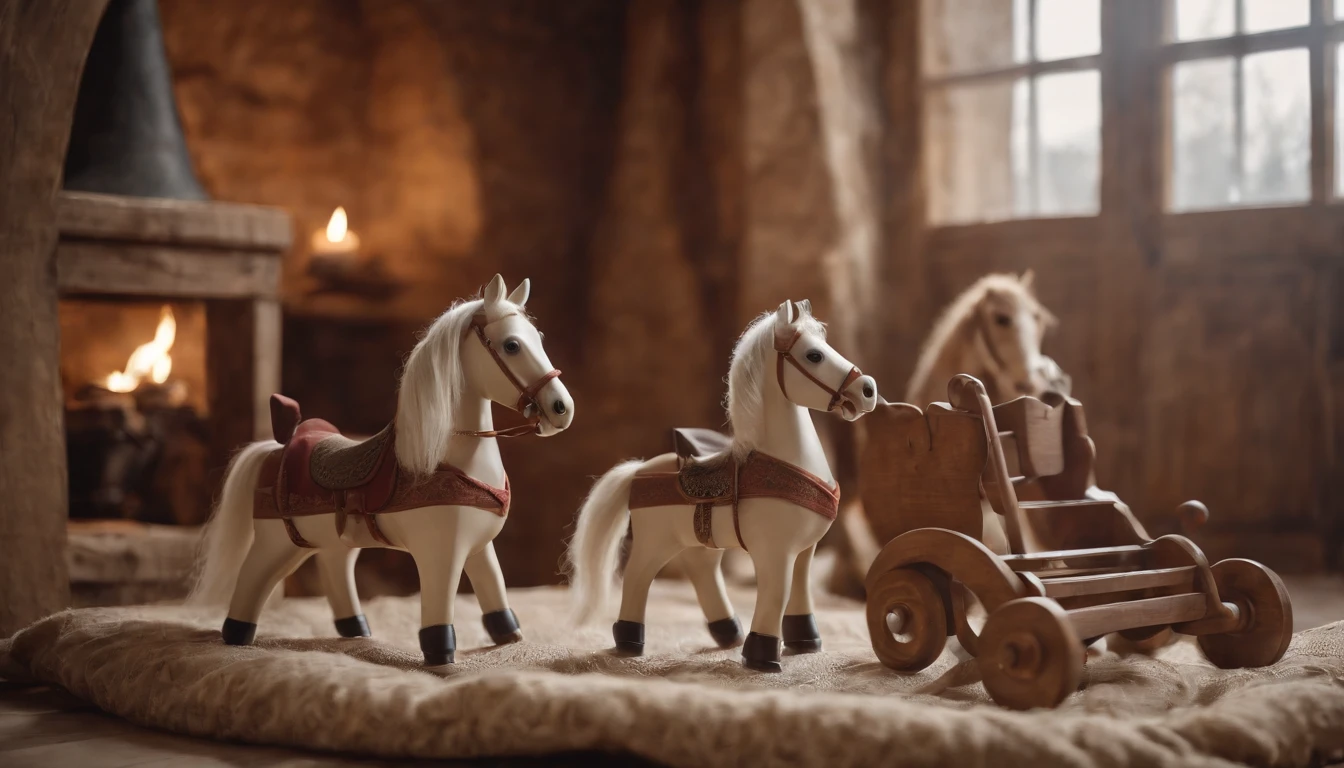 eastern european medieval s play nursery with wooden rocking horse, day, cinematic scene from film