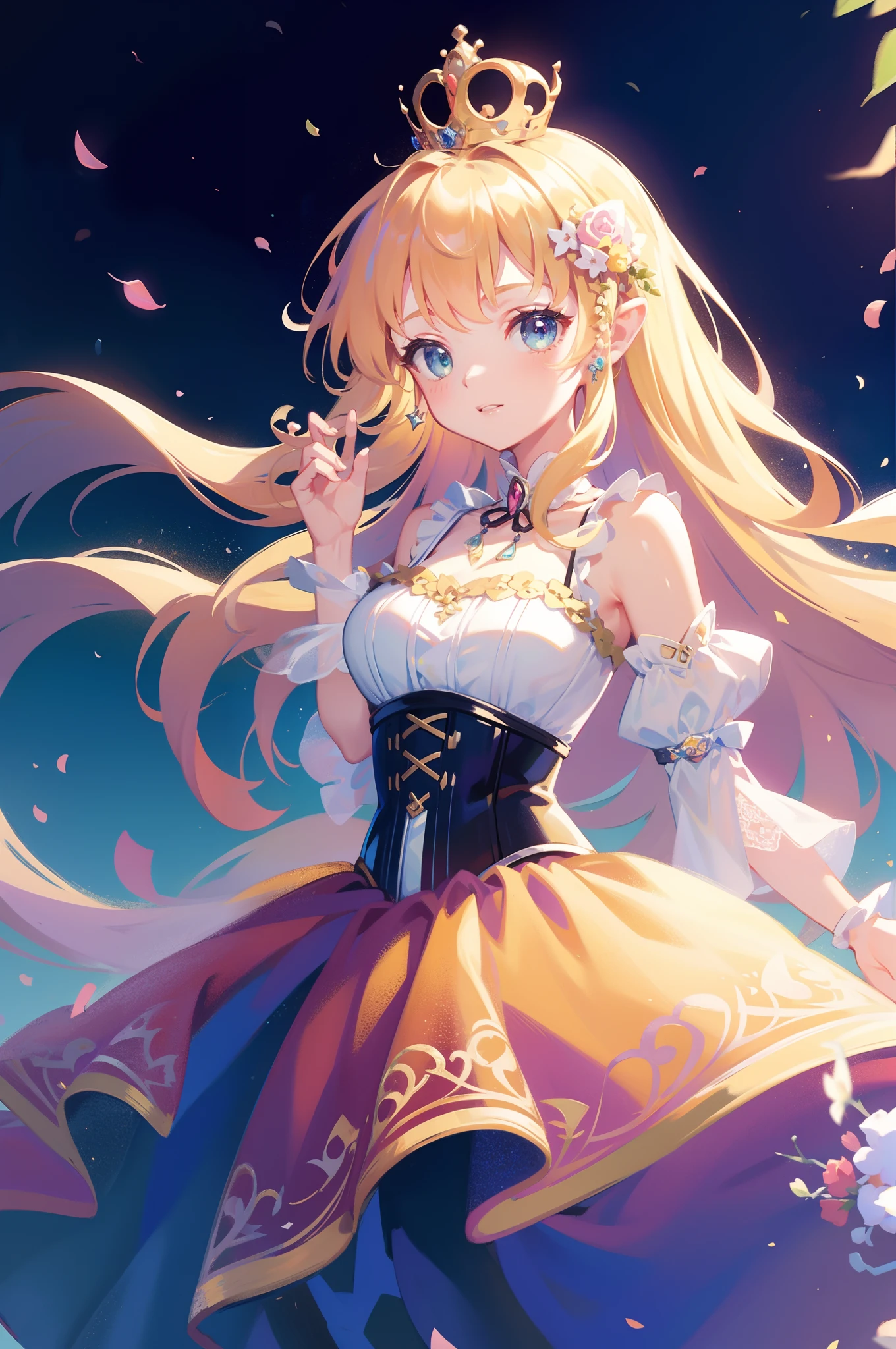 masterpiece, 8k, sharp focus, high resolution, princess, beautiful girl, fantasy princess dress, puffy multi-layered tiered ballgown, corset, collar, sharp focus, intricately detailed dress design, colorful, whimsical, fantasy, magical