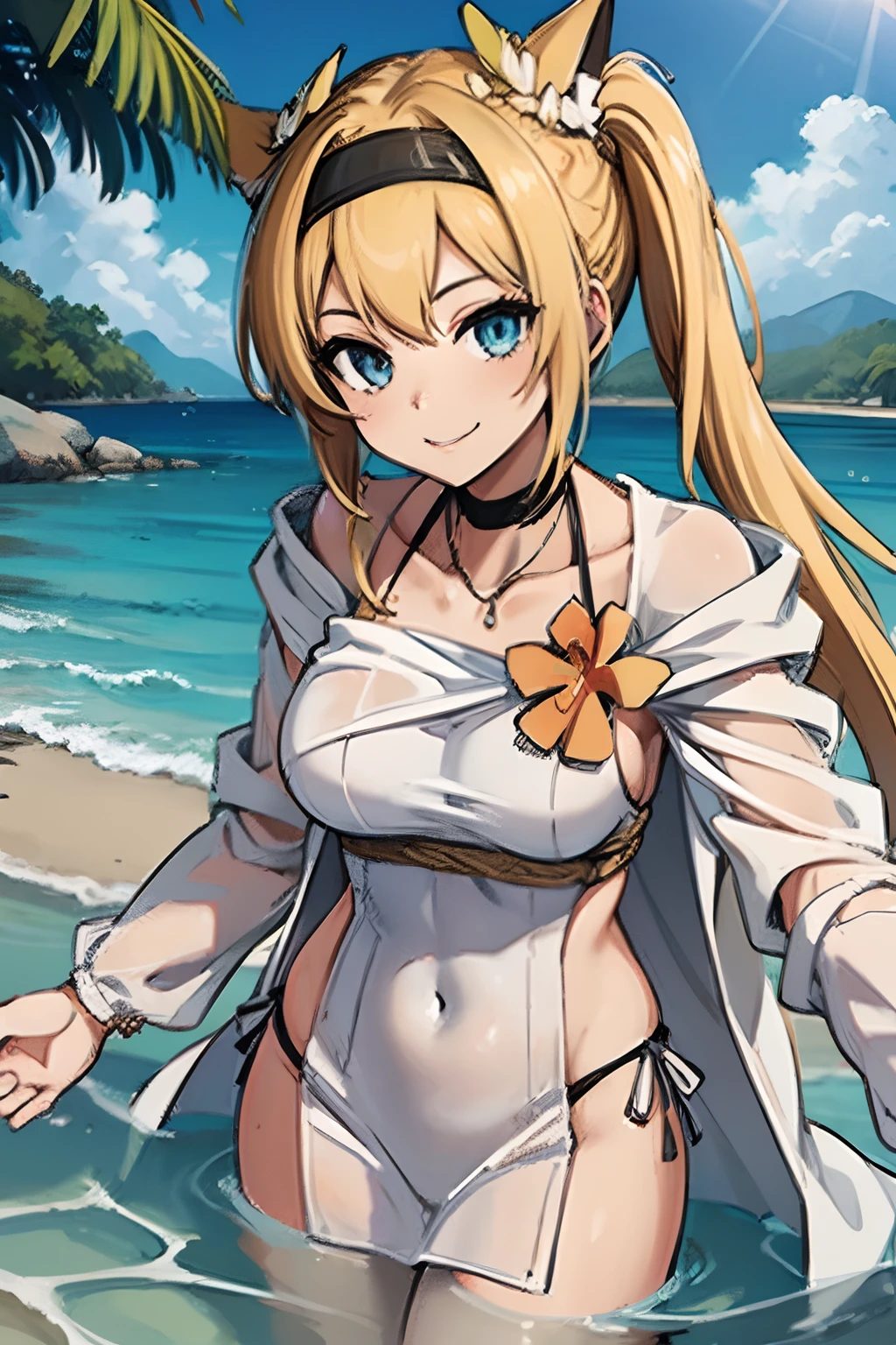 1 girl, Japanese, , White skin, Large breasts:0.5, Watching the view, (Smile:1.5),
Beautiful detailed eyes, (mid hair:1.1, Side ponytail:1.5), blond hairbl, (navel:1.1), lower chest, Beautifulcollarbone, a baby face,
(White cute water coat:1.5),
(all fours),
(Beautiful scenery), DAY TIME, , (Tropical beaches:1.5),
(8K, HighestQuali, tmasterpiece), Movie lighting,
