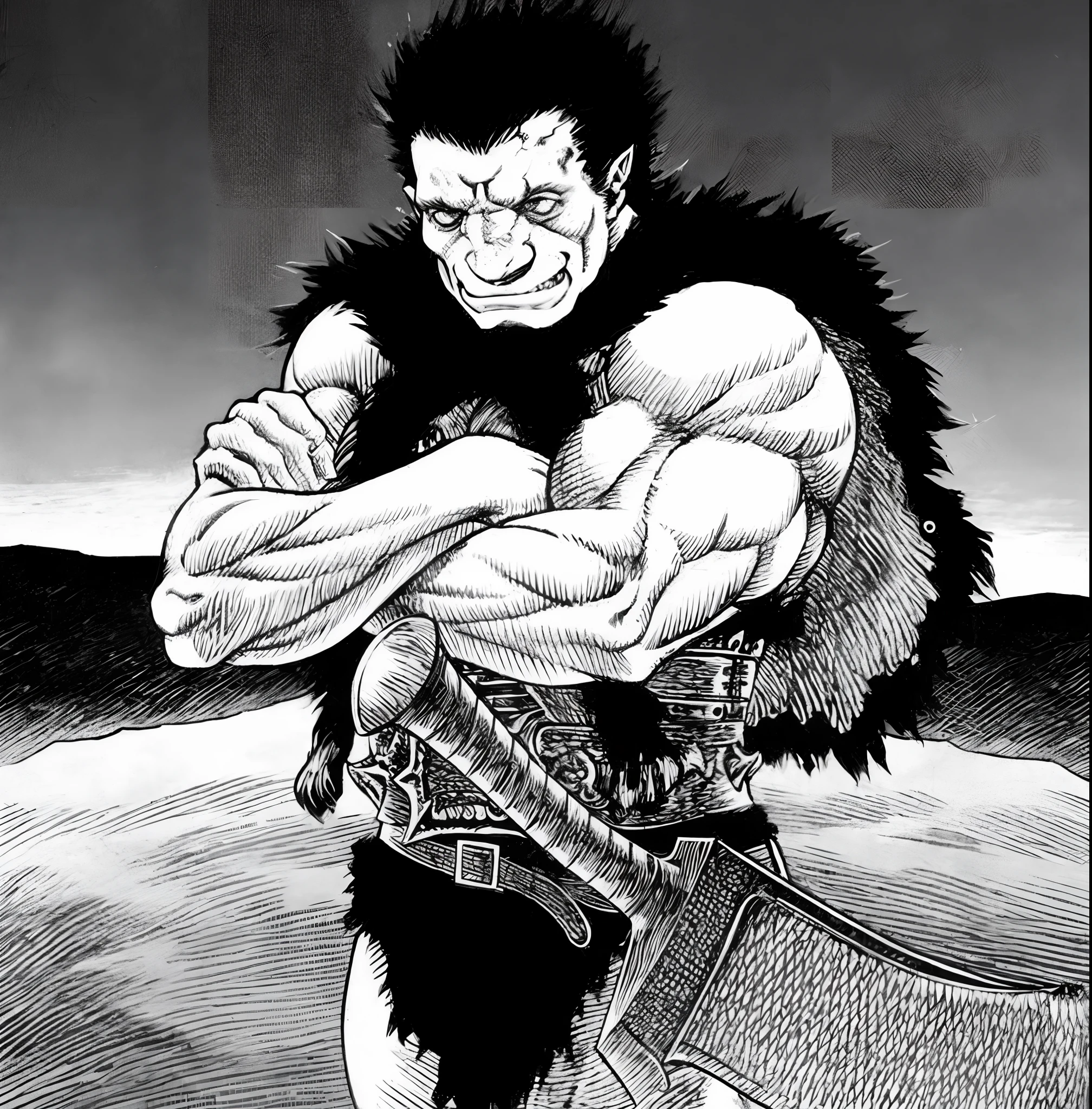 um desenho de um homem com uma espada, em Berserk Manga, Retrato de Guts de Berserk, de Furioso, Tripas de Berserk, Tripas Berserk, Furious manga, Tripas de Berserk, dog - faced muscular goblin, as an ugly titan, Estilo Berserk, Estilo de arte Berserk, tripas, Furioso, as a titan