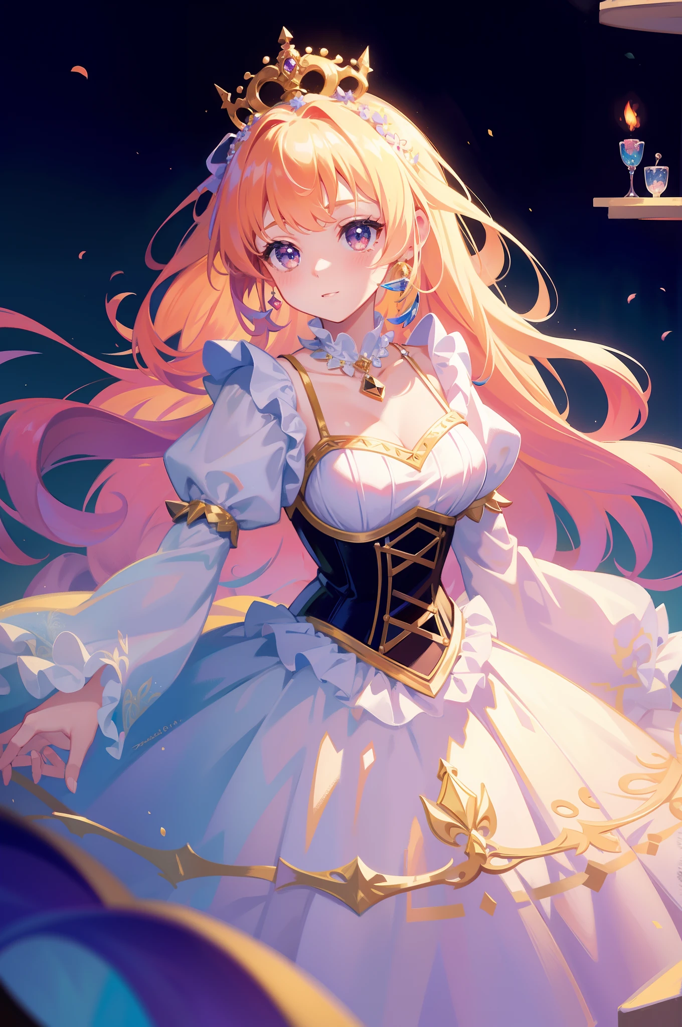 masterpiece, 8k, sharp focus, high resolution, princess, beautiful girl, fantasy princess dress, puffy multi-layered tiered ballgown, corset, collar, sharp focus, intricately detailed dress design, colorful, whimsical, fantasy, magical