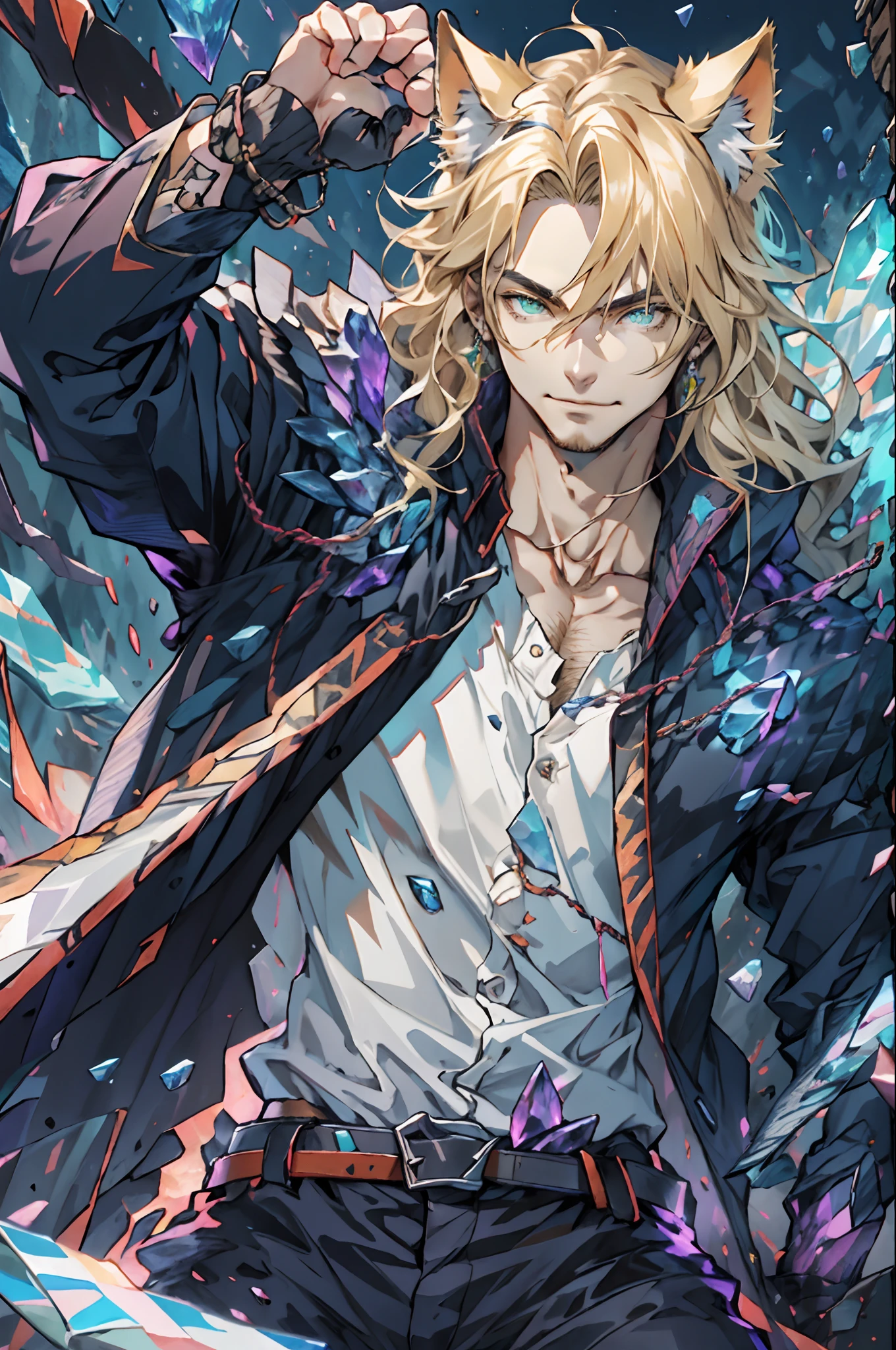 Purple coat, one male, cat ears, long hair, blond, blond hair, green eyes, tall, muscular, white shirt, beautiful face, highest quality, masterpiece, 2d, anime, perfect face, highest detail, feline eyes, stubble, cat tail, wavy hair, purple crystals, smile, battle pose, crystal sword in hand, running, five fingers, y2k style, human hands, bust shot, detailed face,