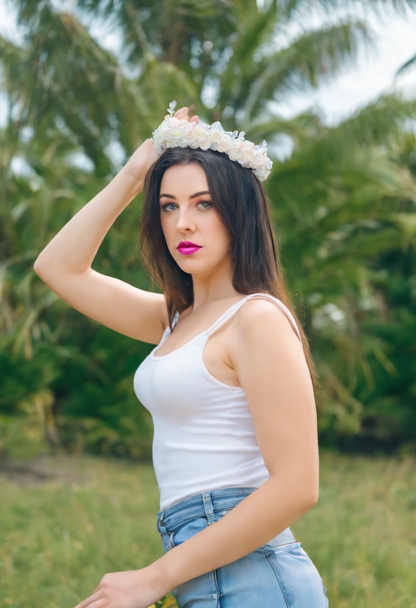 hyper-realistic photo of Angela White, 28 years old (wearing frayed denim shorts and loose white t-shirt) (spring queen outfit, flower tiara) (silky hair, loose hair) (piercing eyes, staring at the viewer) (enigmatic smile) in a lush green open field (Sonoma, CA, USA), Nature, outdoors, Trees, grass, Bushes, sunny spring day, Spring colors, Analog Quality, Best shadow, filmic grain, soft shadows, high contrast, HDR , elevated highlights (full shot, one person, full body)