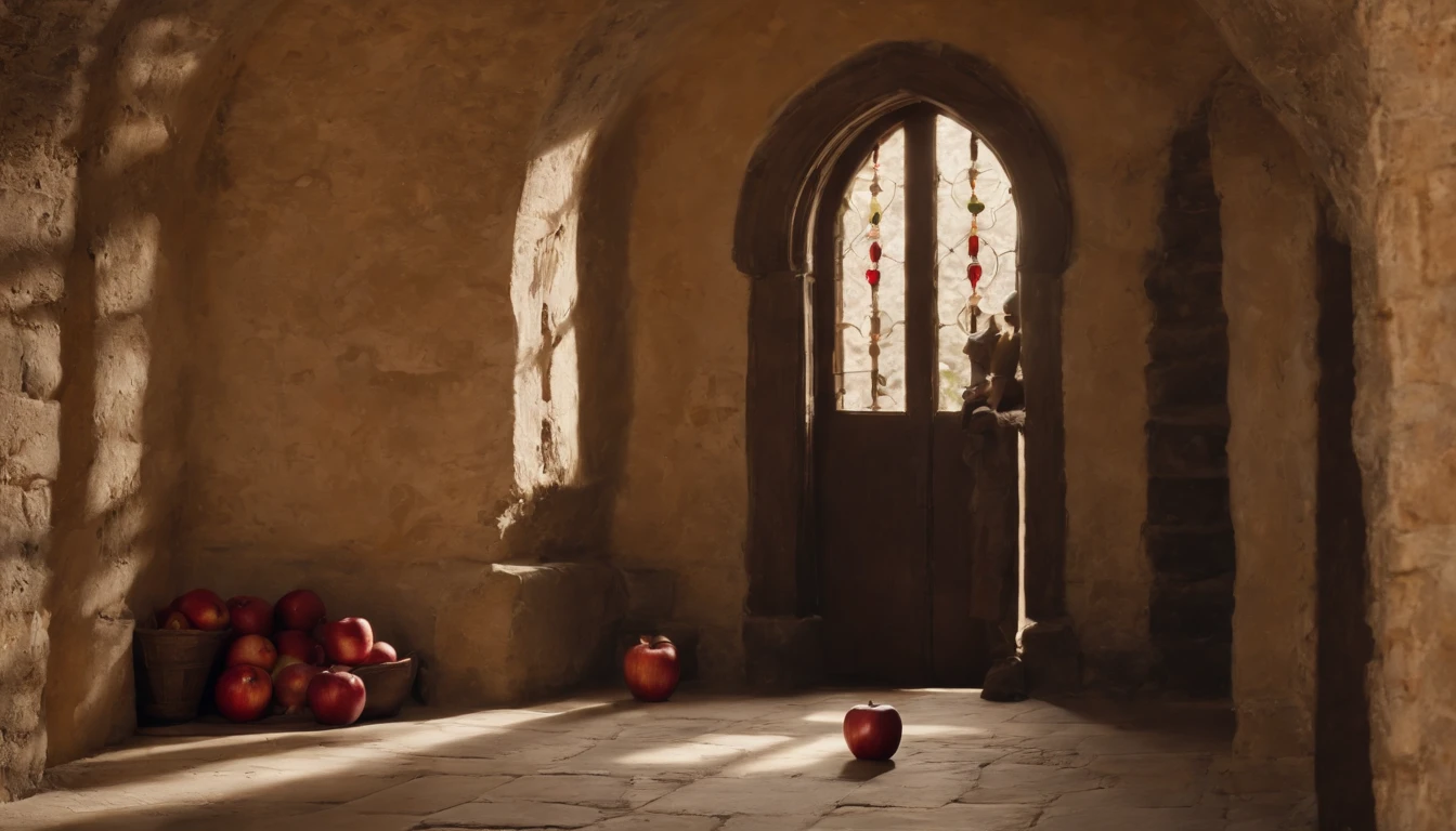 (a red apple,medieval castle,hallway,cinematic scene) on the floor of a (medieval castle:1.1) (hallway:1.3), under the soft lights of a (cinematic scene:1.2) from a (film,feature film, medieval film). The (red apple,brilliant red apple, vibrant red apple) lies to the (left:left side,side, left) of the (hallway,corridor), illuminated by the (soft:0.9) glow from the (cinematic scene:1.1) in the distance. The apple exudes an inviting (warm glow:0.9), captivating anyone passing by.
The (medieval castle:1.2) (hallway:1.1) is adorned with (antique lanterns:flickering antique lanterns,colorful antique lanterns), casting (subtle:0.9) (shadows,soft shadows) on the (stone walls,ancient walls) and (wooden floor). The (hallway:1.1) stretches into the (distance,darkness) with (intriguing:1.1) (arches:stone arches,ornate arches), creating a sense of (mystery, intrigue) and (history, ancient history).
In this (cinematic scene:1.1) from a (film,feature film,cinematic masterpiece), the (red apple,beautiful red apple) becomes a symbol of (temptation,desire,wonder), its vibrant color contrasting against the (neutral tones,ancient ambiance) of the (medieval castle:1.1). The (camera,view) captures the (subtle details:1.1) of the (apple's surface:0.9), highlighting its (shiny, glossy) texture and (rich:1.1) hues.
As the (film,feature film) unfolds, the (camera) slowly pans, revealing the (intricate details, architectural details) of the (hallway), showcasing the (age-old tapestries, ornate tapestries) hanging on the (walls:ancient walls,stone walls). Shafts of (natural light,dappled light) pour in through (stained glass windows,ancient windows), casting colorful (patterns,beautiful patterns) on the (floor), adding to the (cinematic atmosphere:1.1).
The atmosphere is filled with a sense of (mystery,intrigue), leaving the viewer intrigued about the story that unfolds within the confines of the (medieval castle). The (cinematic scene:1.1) captures a fleeting moment, evoking emotions and