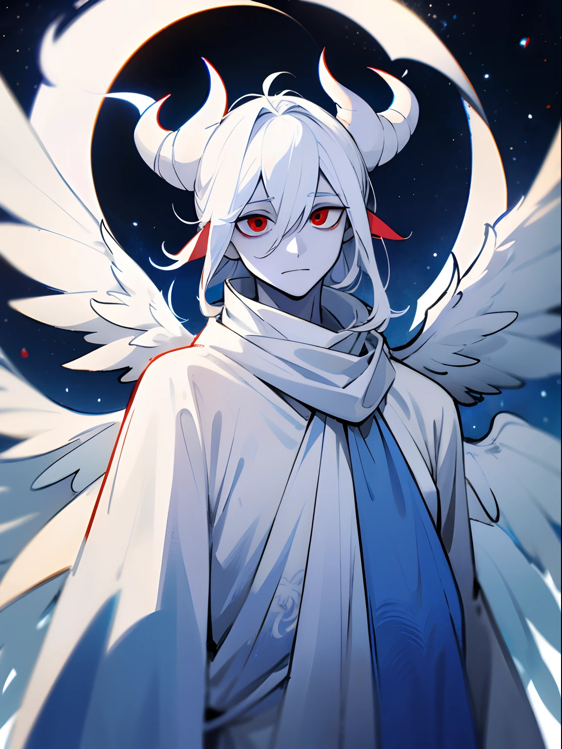 Demon Boy, white colored hair, red-eyes, blue scarf around the neck, Ancient White Clothing, White horns, Demonic white tail with hair at the end, long ears, White Skin Skin, big white wings, hanging in space.