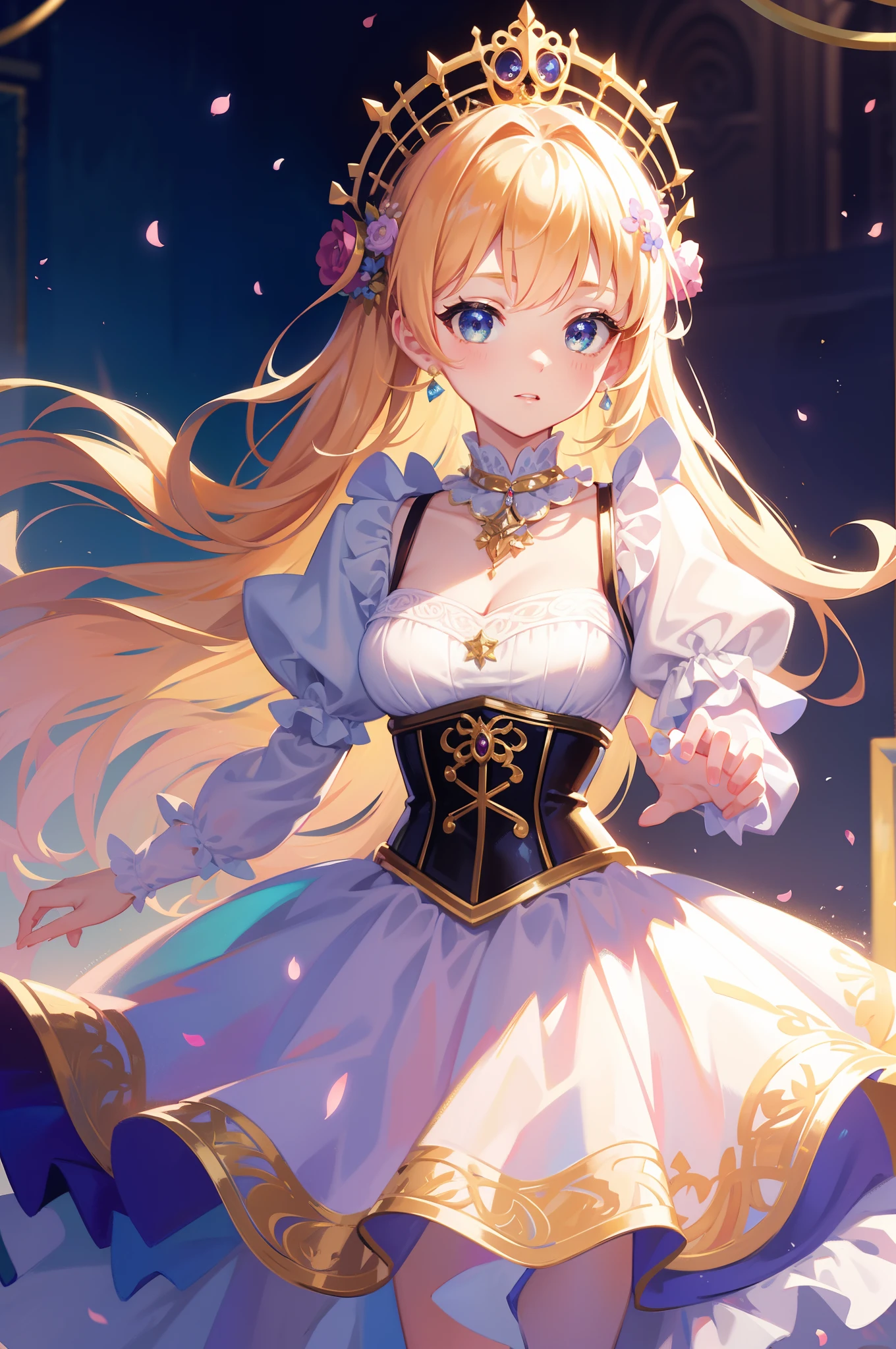 masterpiece, 8k, sharp focus, high resolution, princess, beautiful girl, fantasy princess dress, puffy multi-layered tiered ballgown, corset, collar, sharp focus, intricately detailed dress design, colorful, whimsical, fantasy, magical