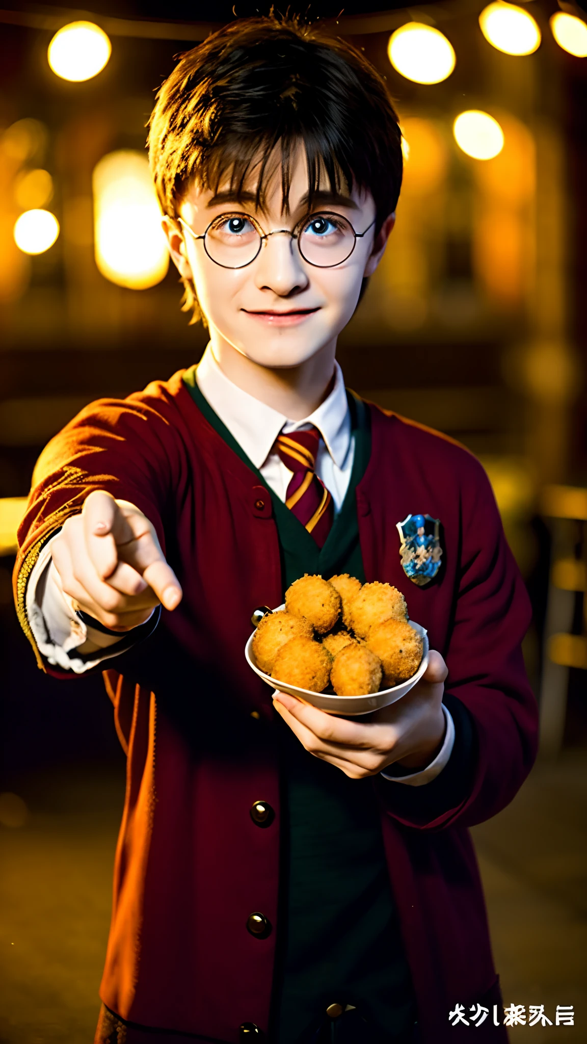 Harry Potter surprised to see a large amount of croquettes, high quality, background at night,ember、