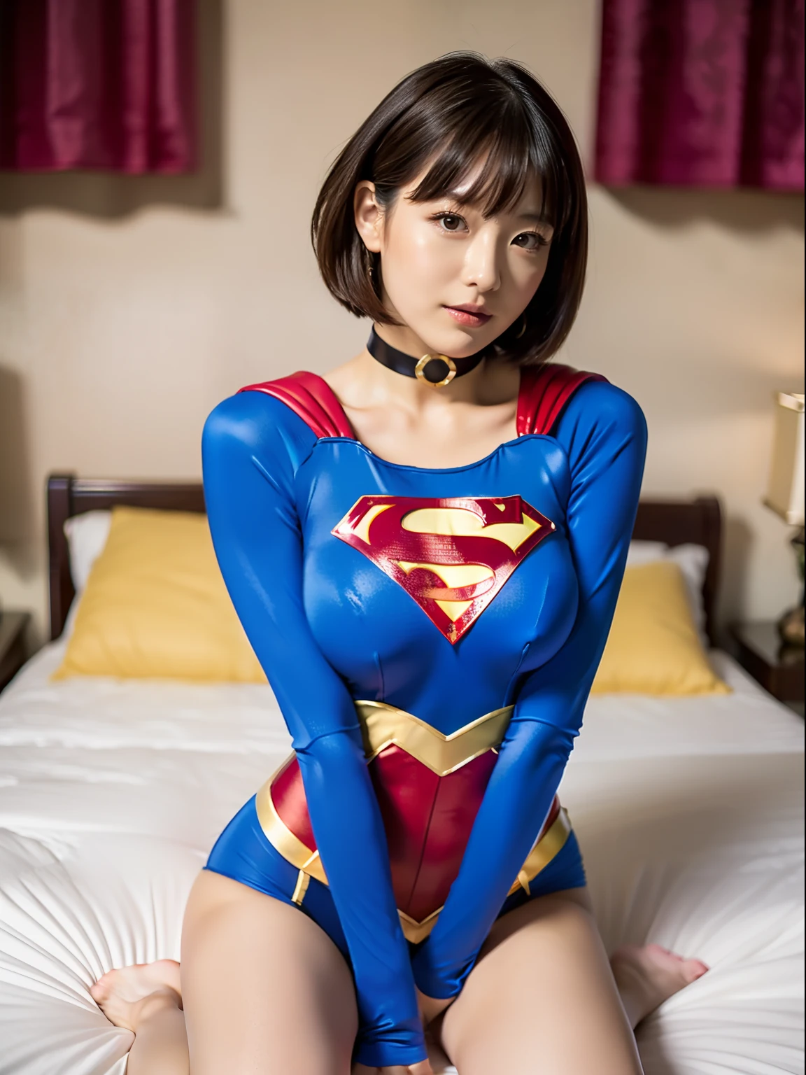 (Best Quality,4K,8K,hight resolution,masutepiece:1.2),Ultra-detailed,Realistic:1.37,masutepiece,Short-haired Supergirl sitting on bed、large full breasts、Looking at the camera、a choker、bare-legged、Weekly magazine cover、Cheerful pose、highleg leotard、a miniskirt、Tight costumes、