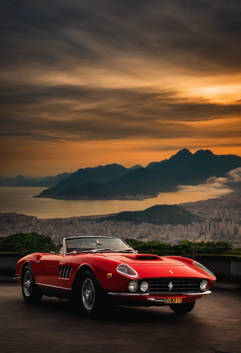 ferrari preta, no fundo da imagem o cristo redentor do rio de janeiro. dia chuvoso, nuvens, raios.