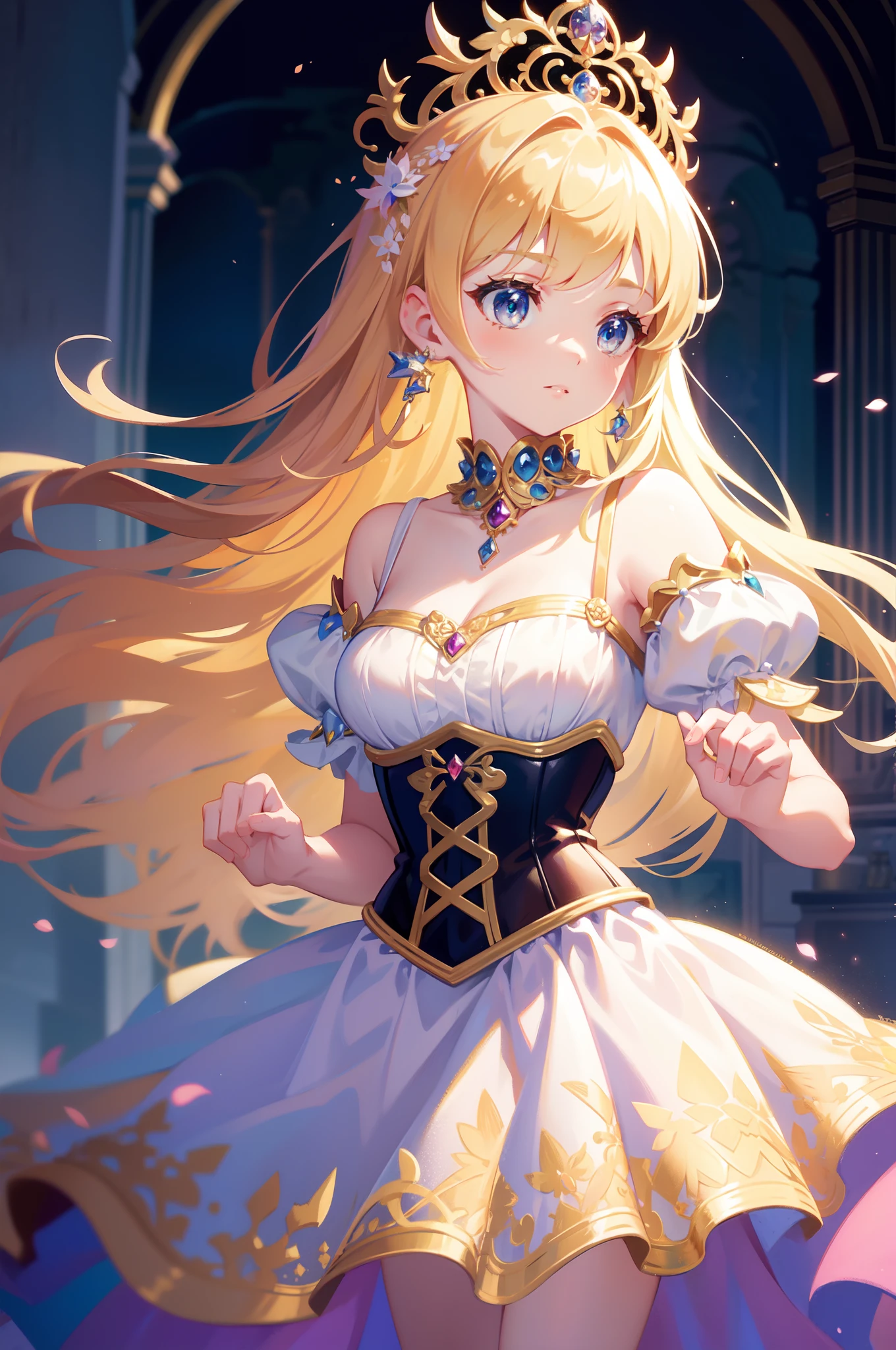 masterpiece, 8k, sharp focus, high resolution, princess, beautiful girl, fantasy princess dress, puffy multi-layered tiered ballgown, corset, collar, sharp focus, intricately detailed dress design, colorful, whimsical, fantasy, magical