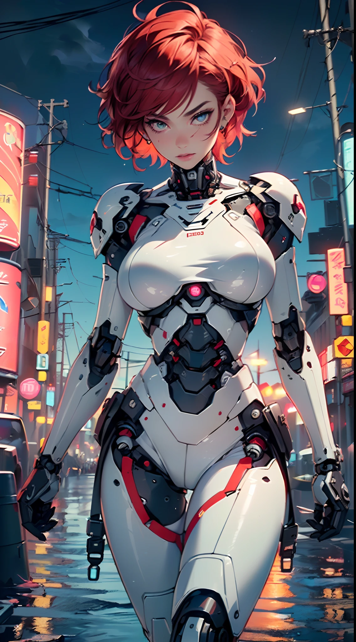cyborg girl,(((1girl))),((cyborg girl with extremely cute and beautiful red hair)),
(huge breasts:1.4),saggy breasts,(((red short hair:1.35,absurdly short unkempt hair,colored inner hair,ear breathing,short hair))),((heterochromia:1.5, (red_eye and pink_white))),intricate eyes,beautiful detailed eyes,symmetrical eyes,((fat)),(((lustrous skin:1.5,bright skin: 1.5,skin tanned,shiny skin,very shiny skin,shiny body,plastic glitter skin,exaggerated shiny skin,illuminated skin,wet legs))),(spider lower abdomen,narrow waist,wide hip,athletic body,inflated legs, thick thighs,detailed body,(detailed face)),
cute,slutty,seductive,erotic,(nsfw),
((1 mechanical girl)),(one of his bionic eyes:1.4,(machine-made joints: 1.4)), ((mechanical limbs:1.2)), (blood vessels attached to the tube), ((mechanical spine attached to the back, close-up)), ((mechanical cervical vertebrae attached to the neck), ((mechanical parts:1.4)),(mechanical spine, mechanization:1.2, future, wide hips),(wires and cables attached to the head and body: 1.5),(show skin:1.3),((wet clothes,intricate outfit,intricate clothes)),
(dynamic pose:1.0),solo focus,embarrassed,(centered,scale to fit dimensions,Rule of thirds),
cyberpunk city by the ocean at night, with bright neon signs and dark stormy clouds and puddles, scenery:1.25,nighttime, starry night, cosmos,Very dark night that makes the neon lights stand out, very bright neon lights,
artistic photography,(photography taken by sldr),highres, sharp focus,(ultra detailed, extremely detailed), (photorealistic artwork:1.37),(extremely detailed CG unity 8k wallpaper),((synthwave background theme)),(((vibrant colors))),intricate,(intricate background),(masterpiece),(best quality),perfect rendered face,perfect face details,realistic face,photo realistic,analog style,((intricate detail)),(((realism))),